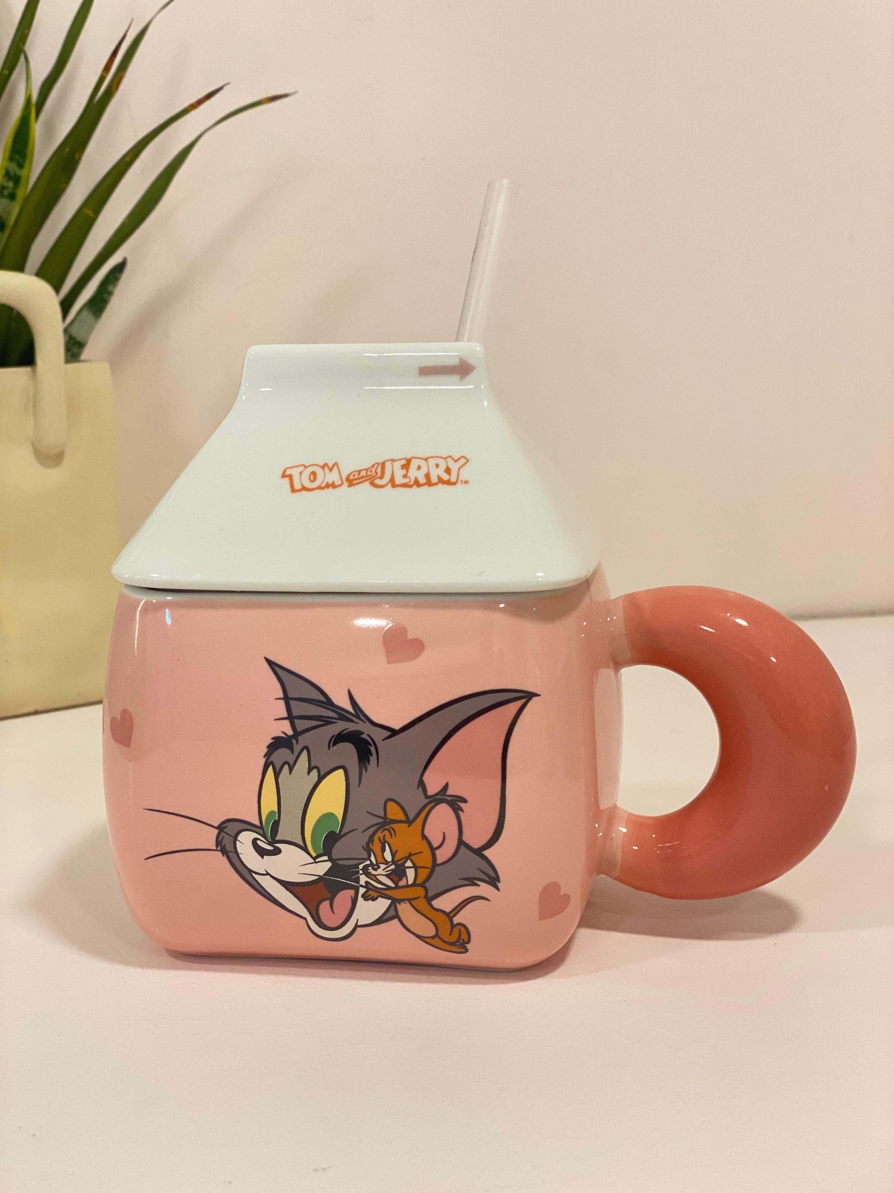 Tom and Jerry Milk-Carton Ceramic Mug with Lid & Straw