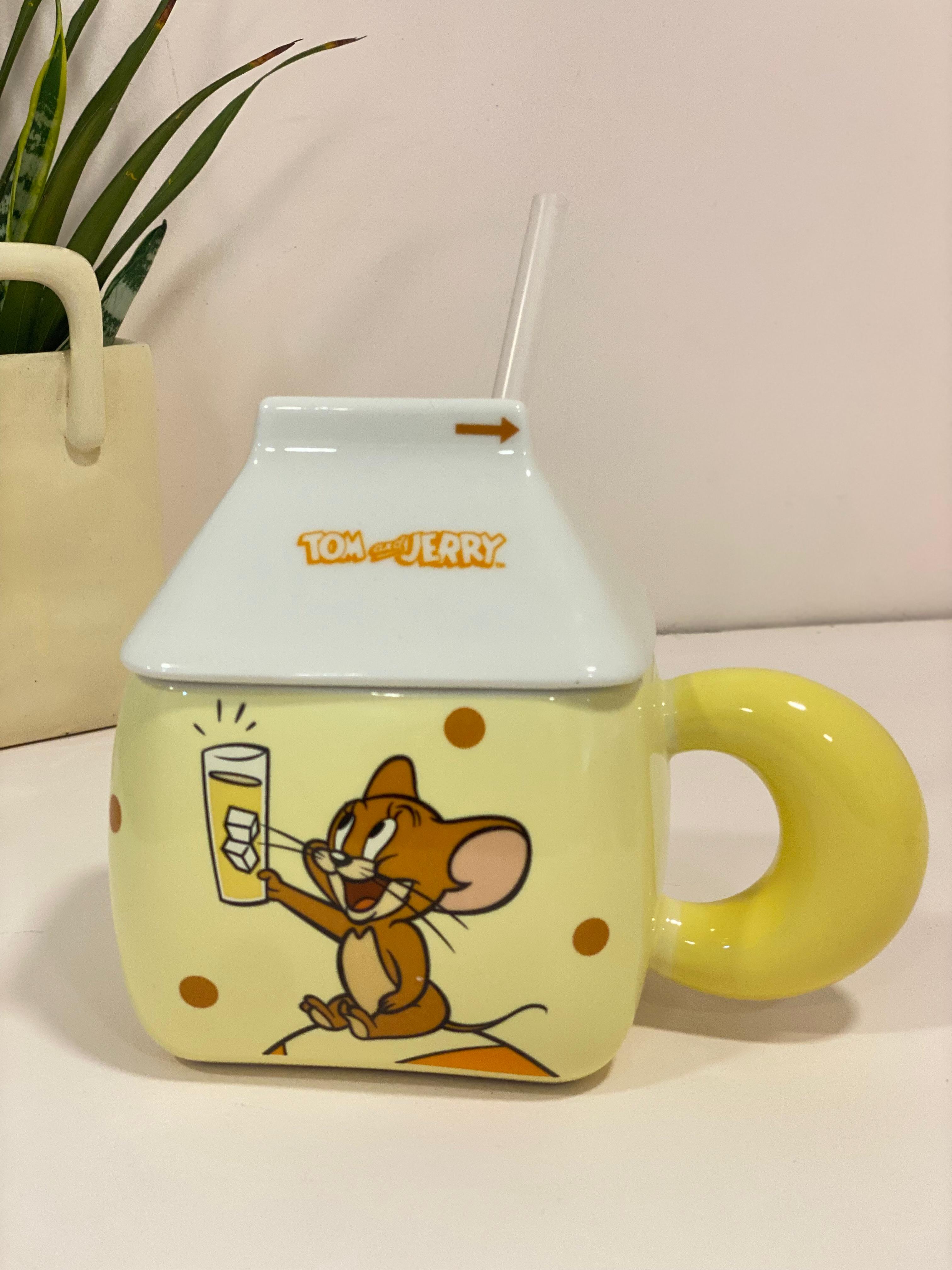 Tom and Jerry Milk-Carton Ceramic Mug with Lid & Straw