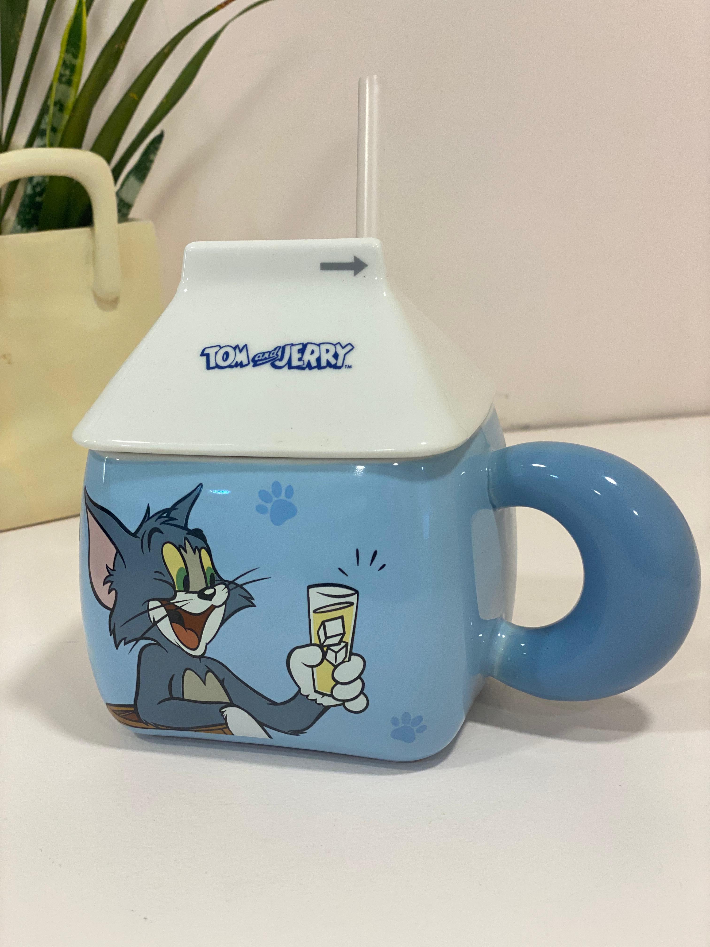 Tom and Jerry Milk-Carton Ceramic Mug with Lid & Straw