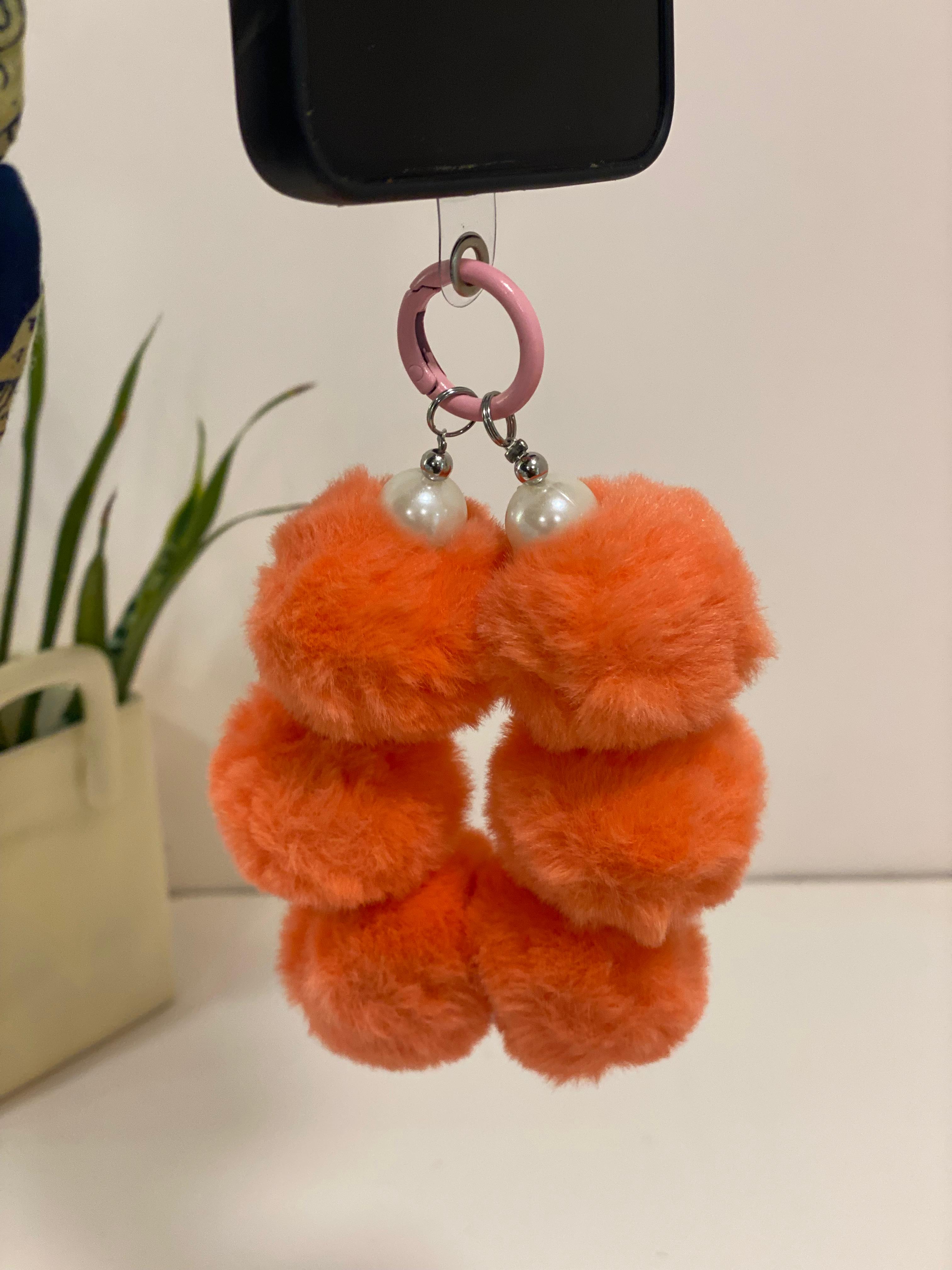 Plush Pom-Pom & Pearl Phone Charm Wristlet