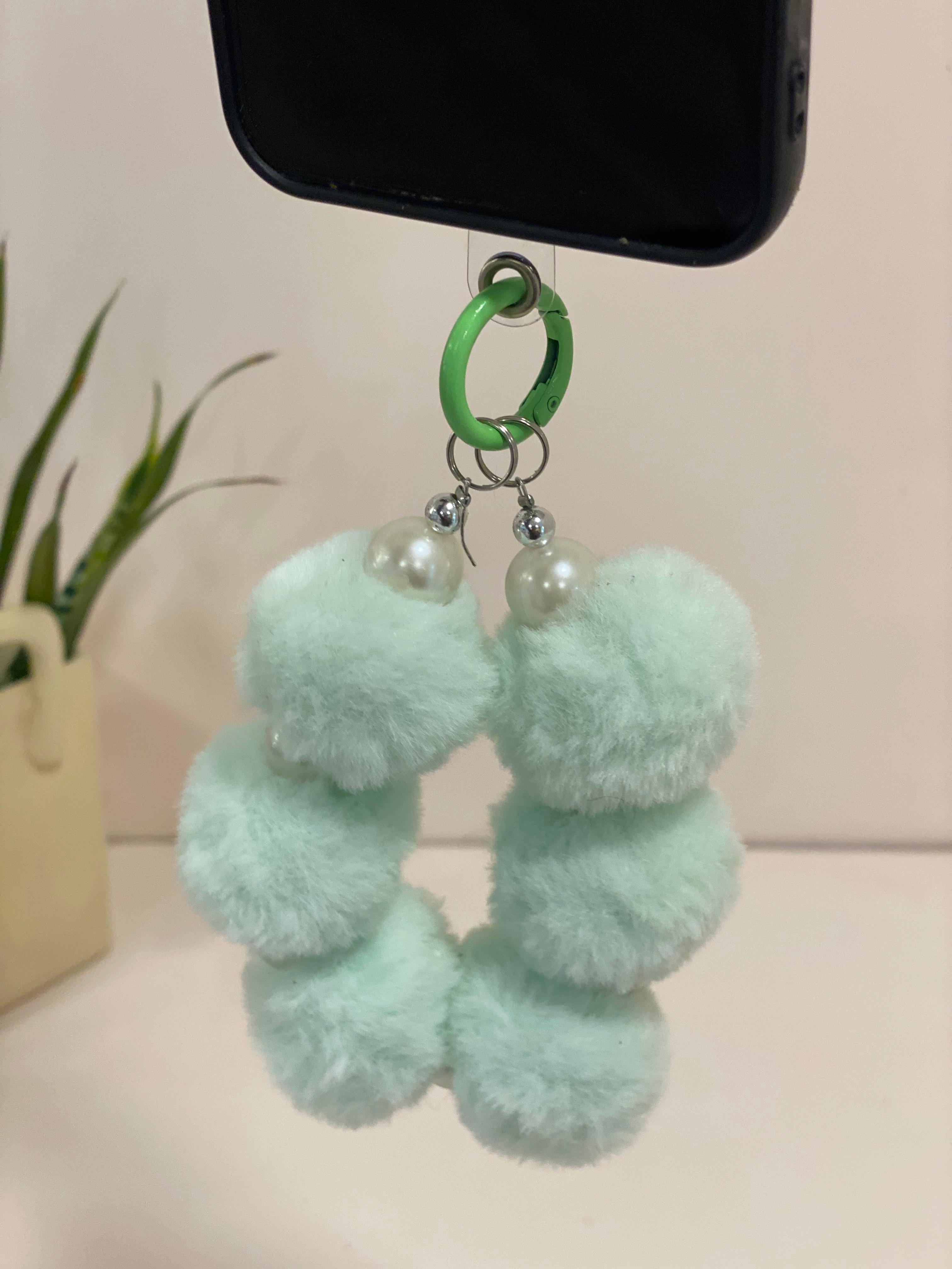Plush Pom-Pom & Pearl Phone Charm Wristlet
