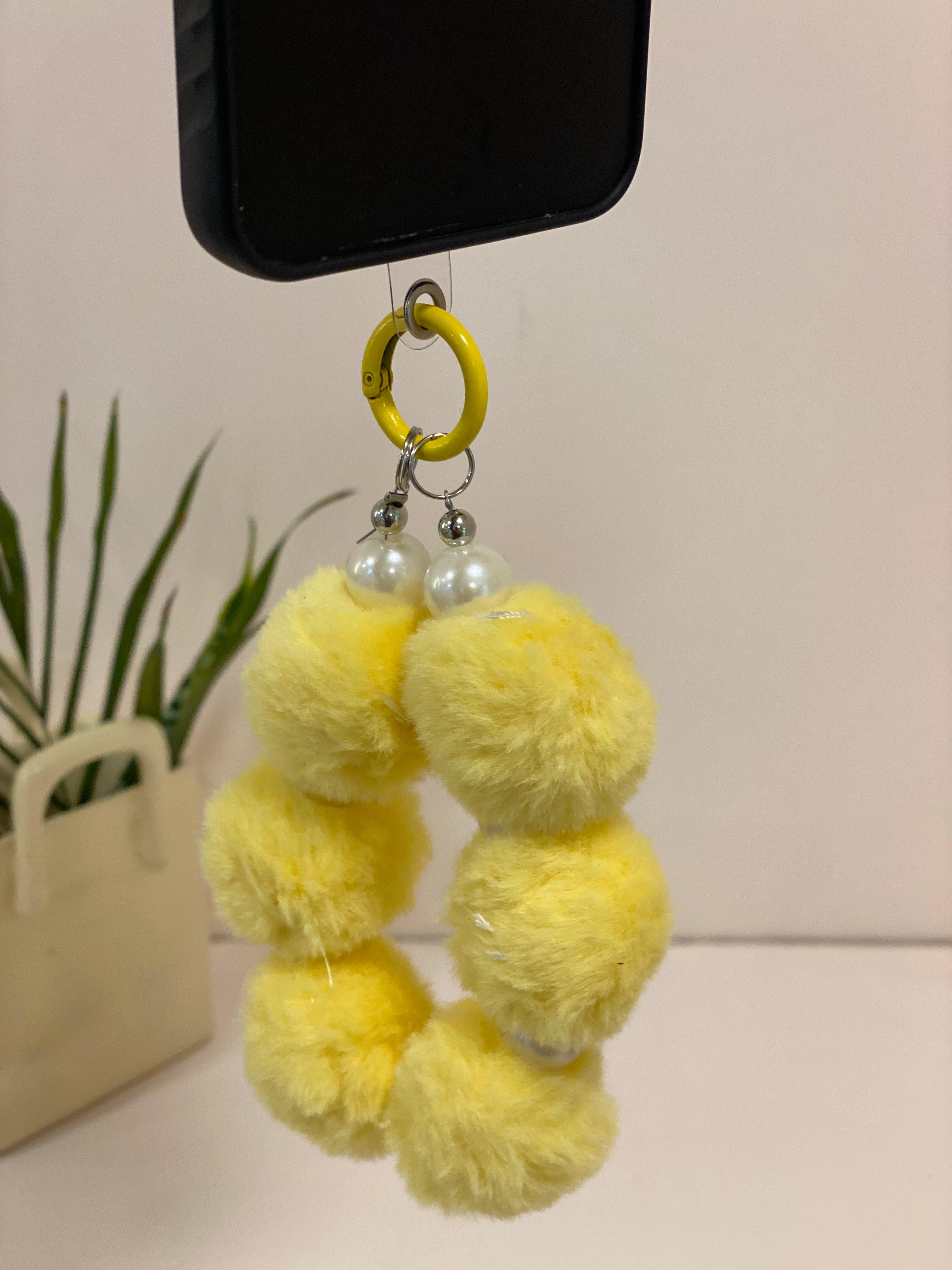 Plush Pom-Pom & Pearl Phone Charm Wristlet