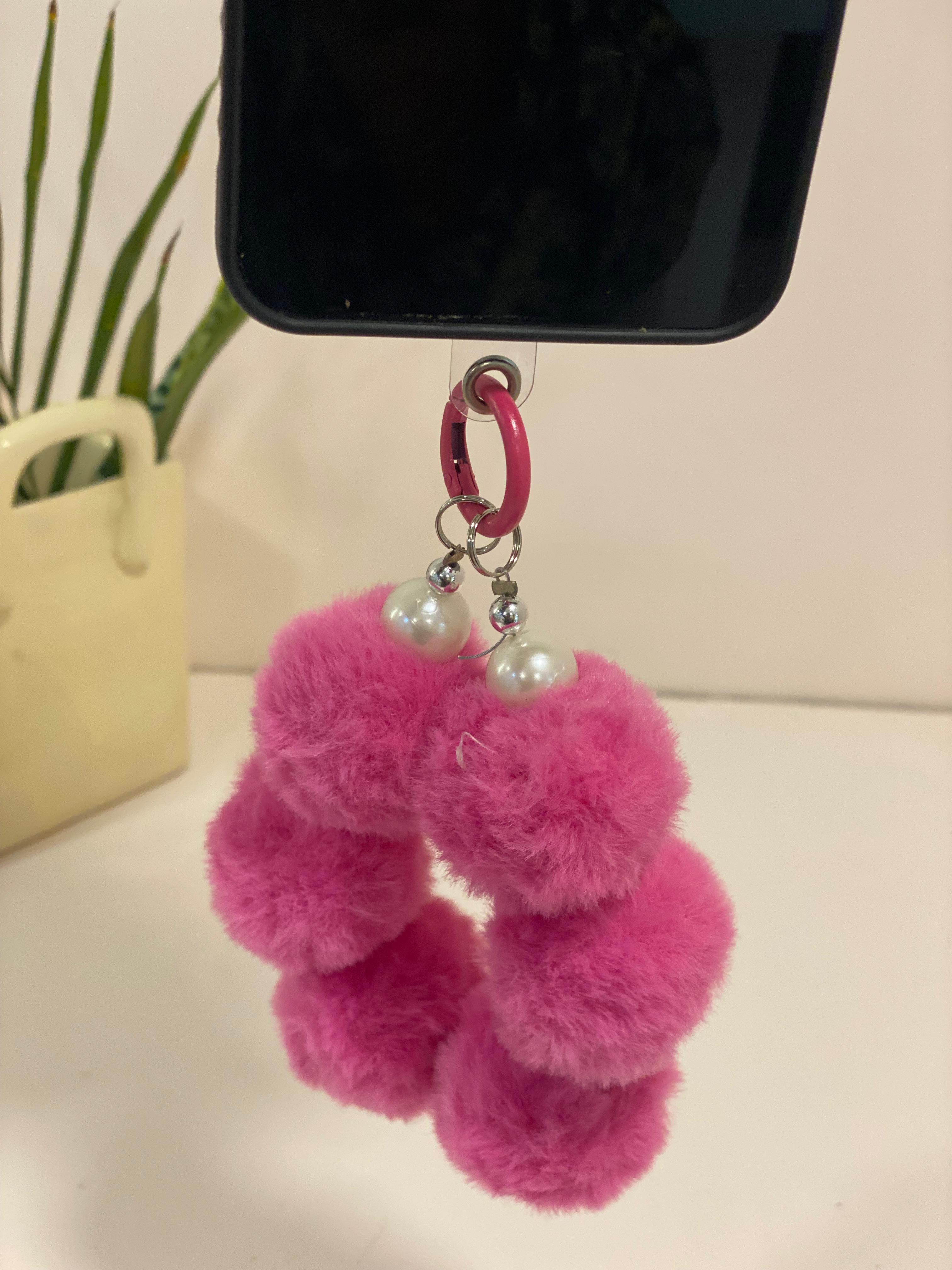 Plush Pom-Pom & Pearl Phone Charm Wristlet
