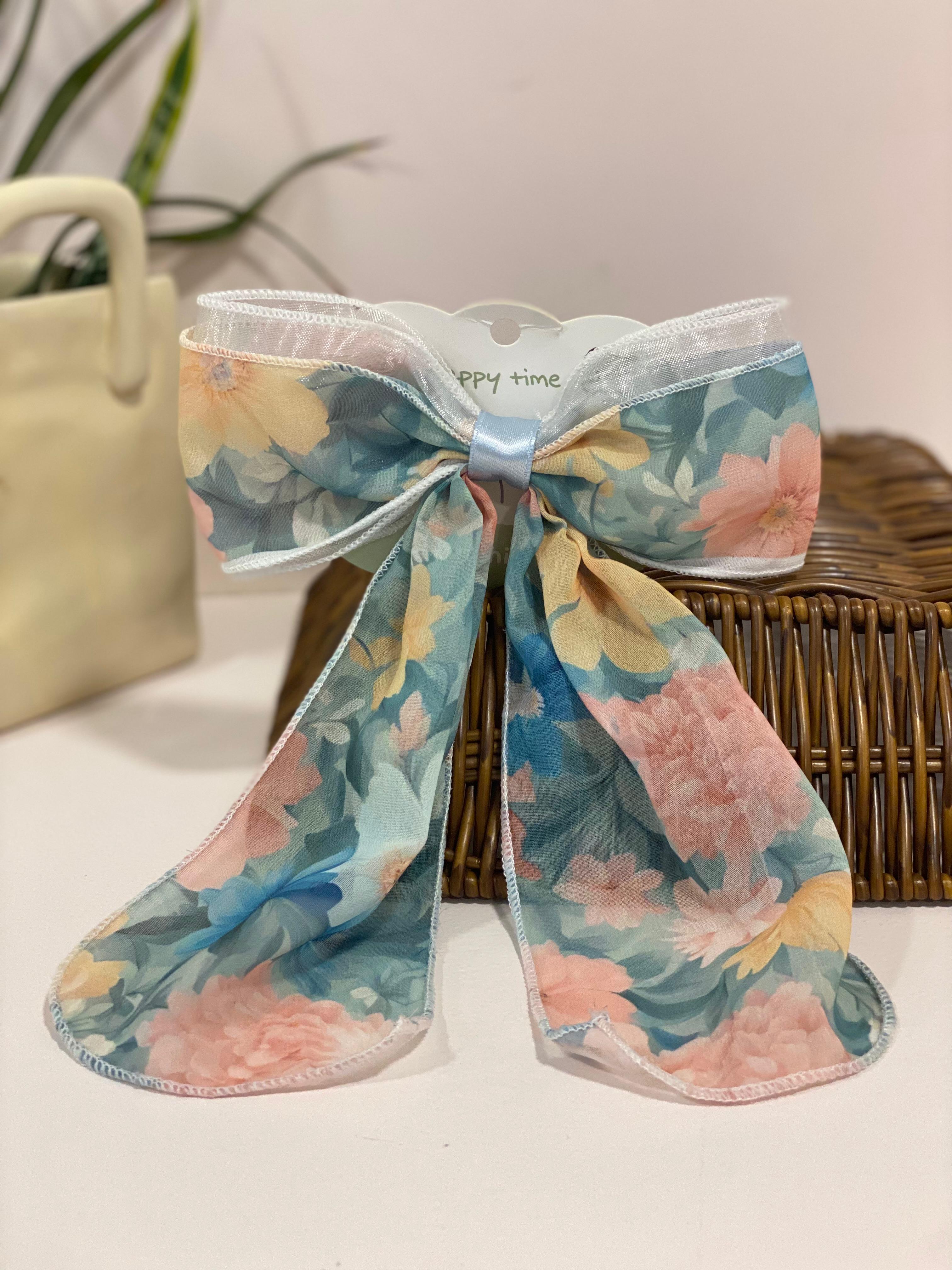 Vintage Floral Chiffon Bow Hair Streamer Clip