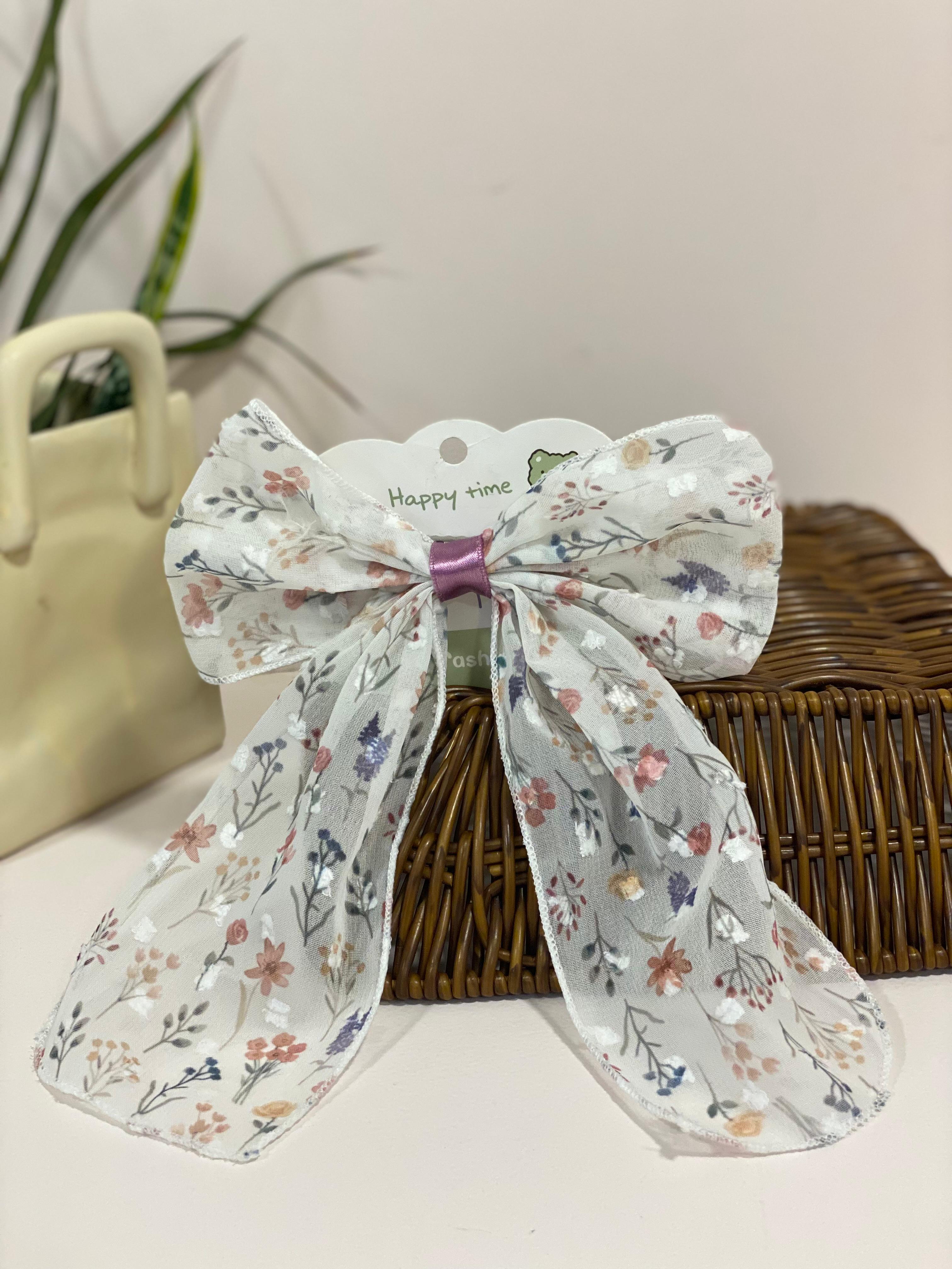 Vintage Floral Chiffon Bow Hair Streamer Clip