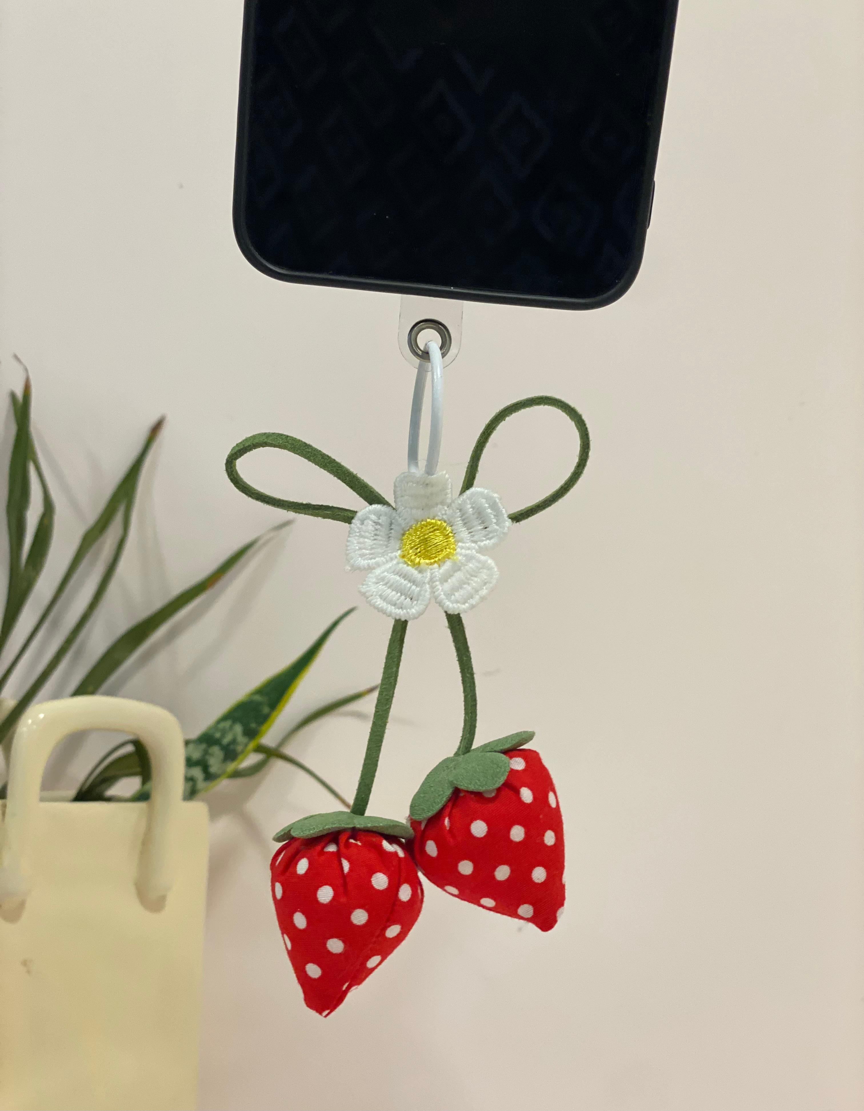 Puffy Strawberry & Blossom Phone Charm