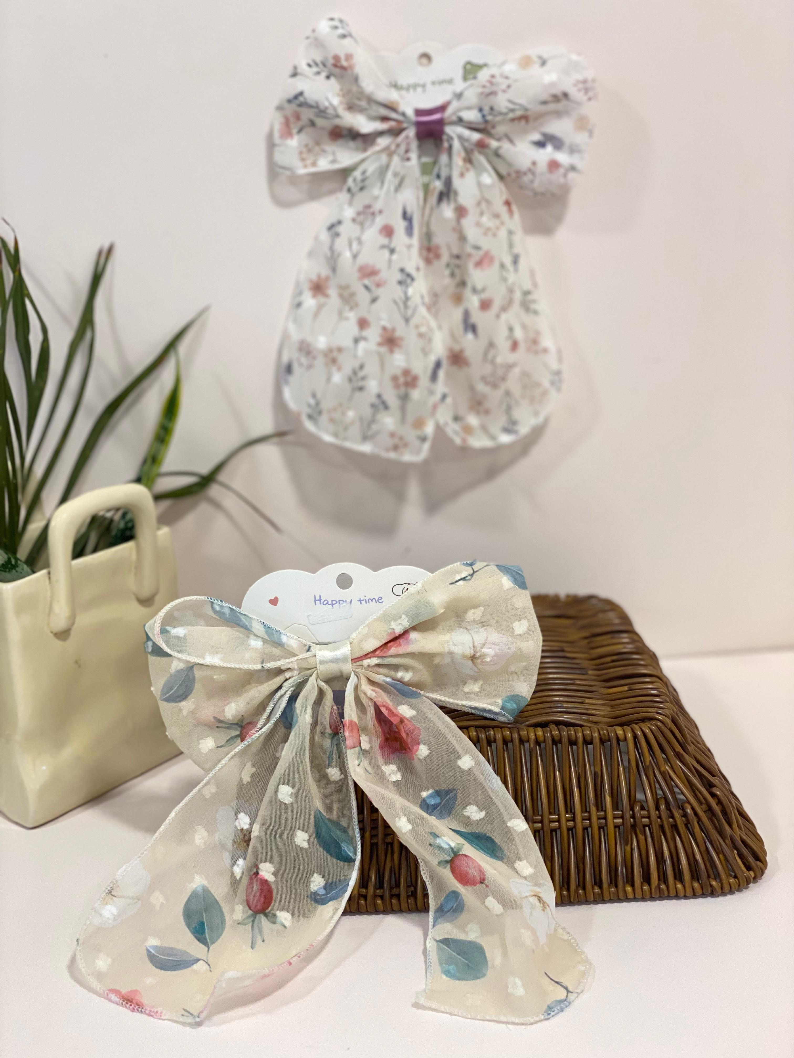 Vintage Floral Chiffon Bow Hair Streamer Clip