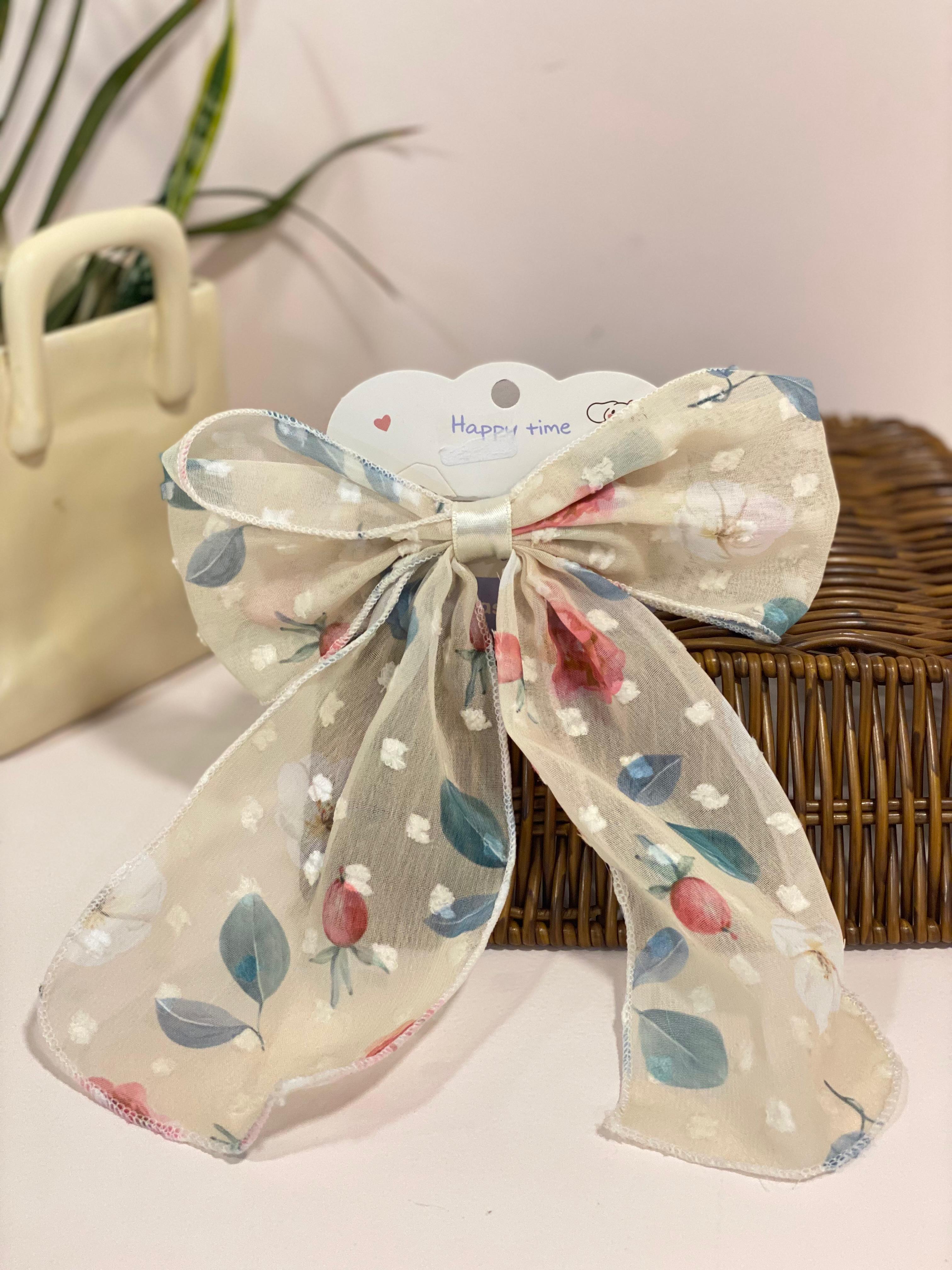 Vintage Floral Chiffon Bow Hair Streamer Clip
