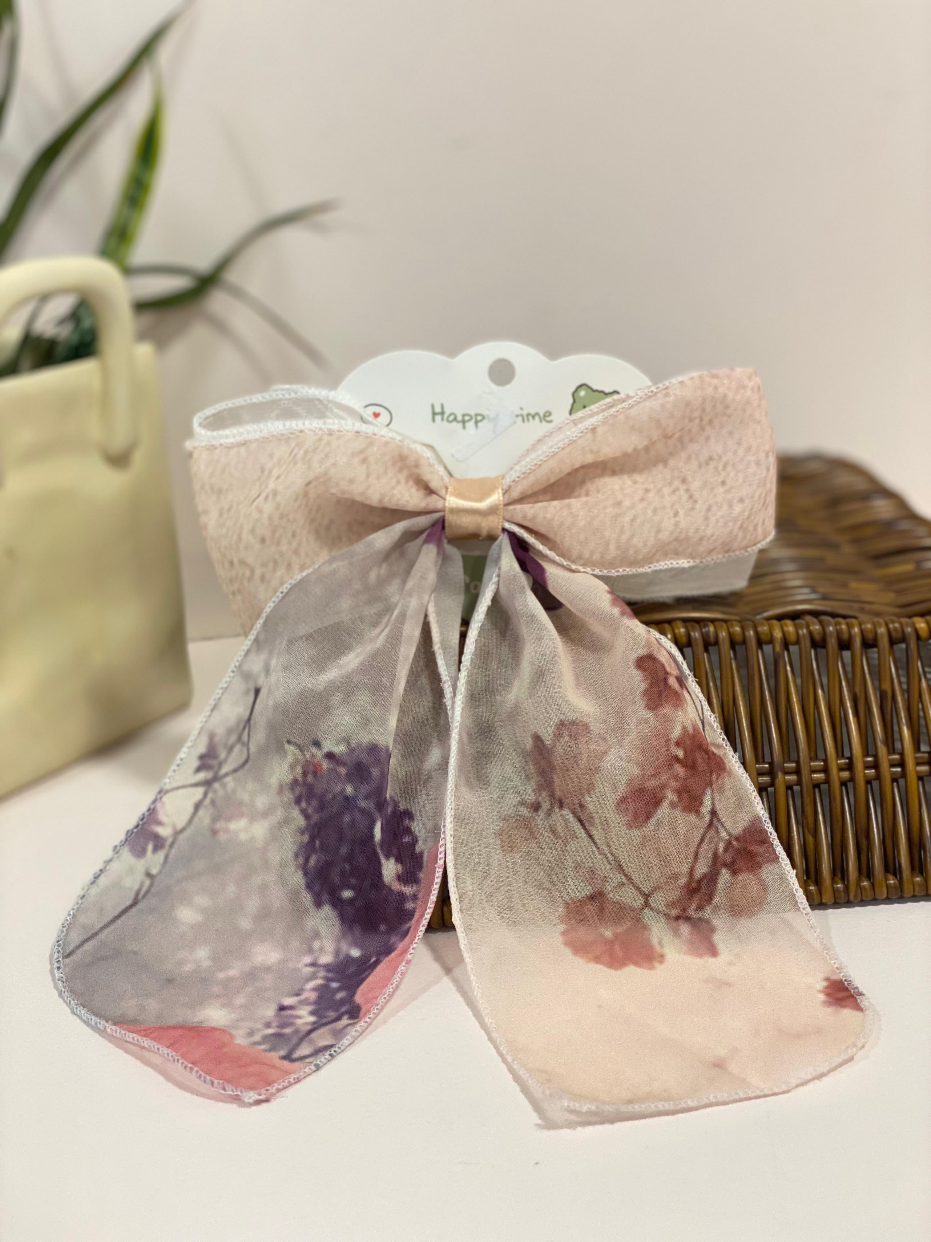 Vintage Floral Chiffon Bow Hair Streamer Clip