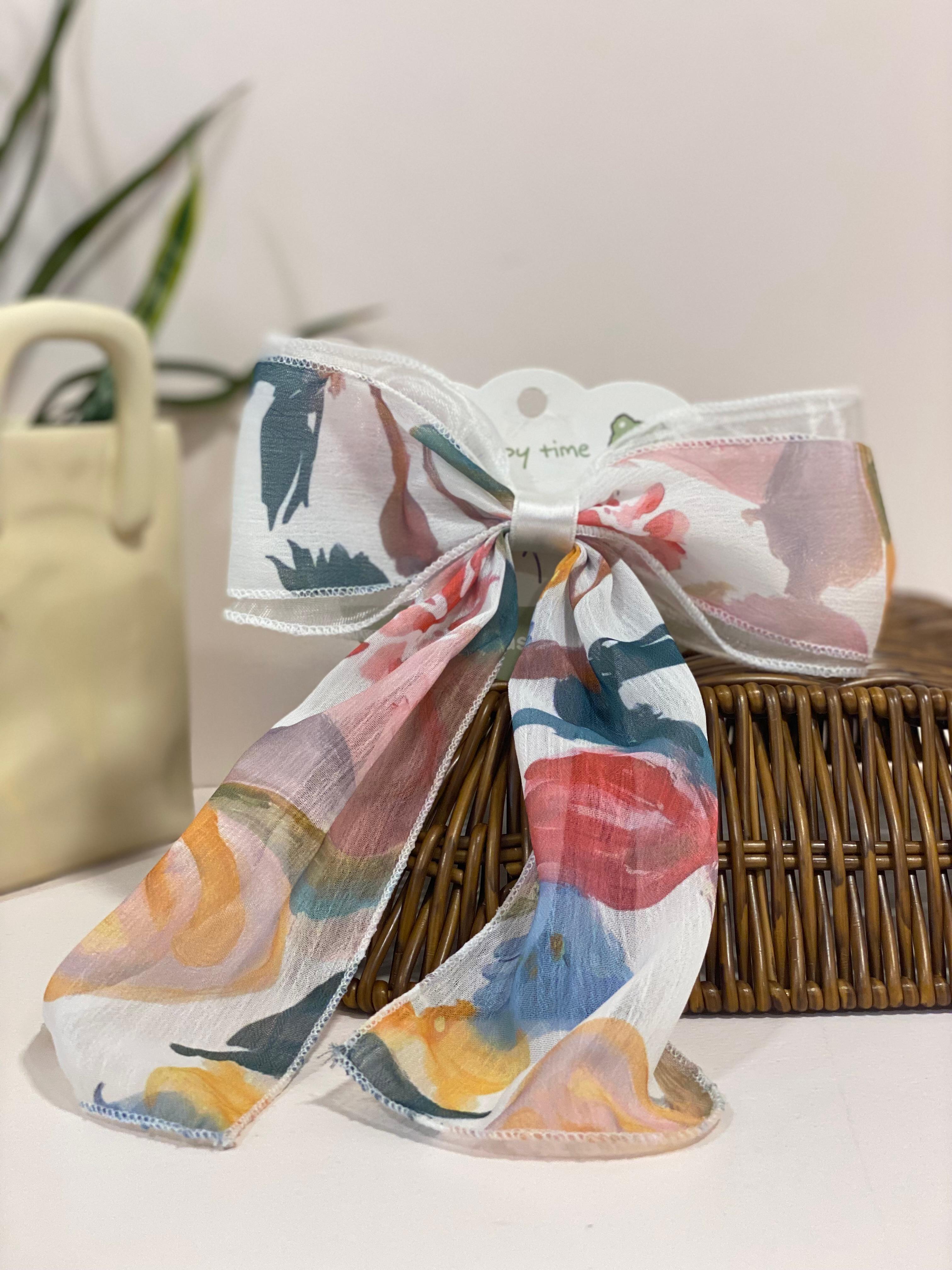 Vintage Floral Chiffon Bow Hair Streamer Clip