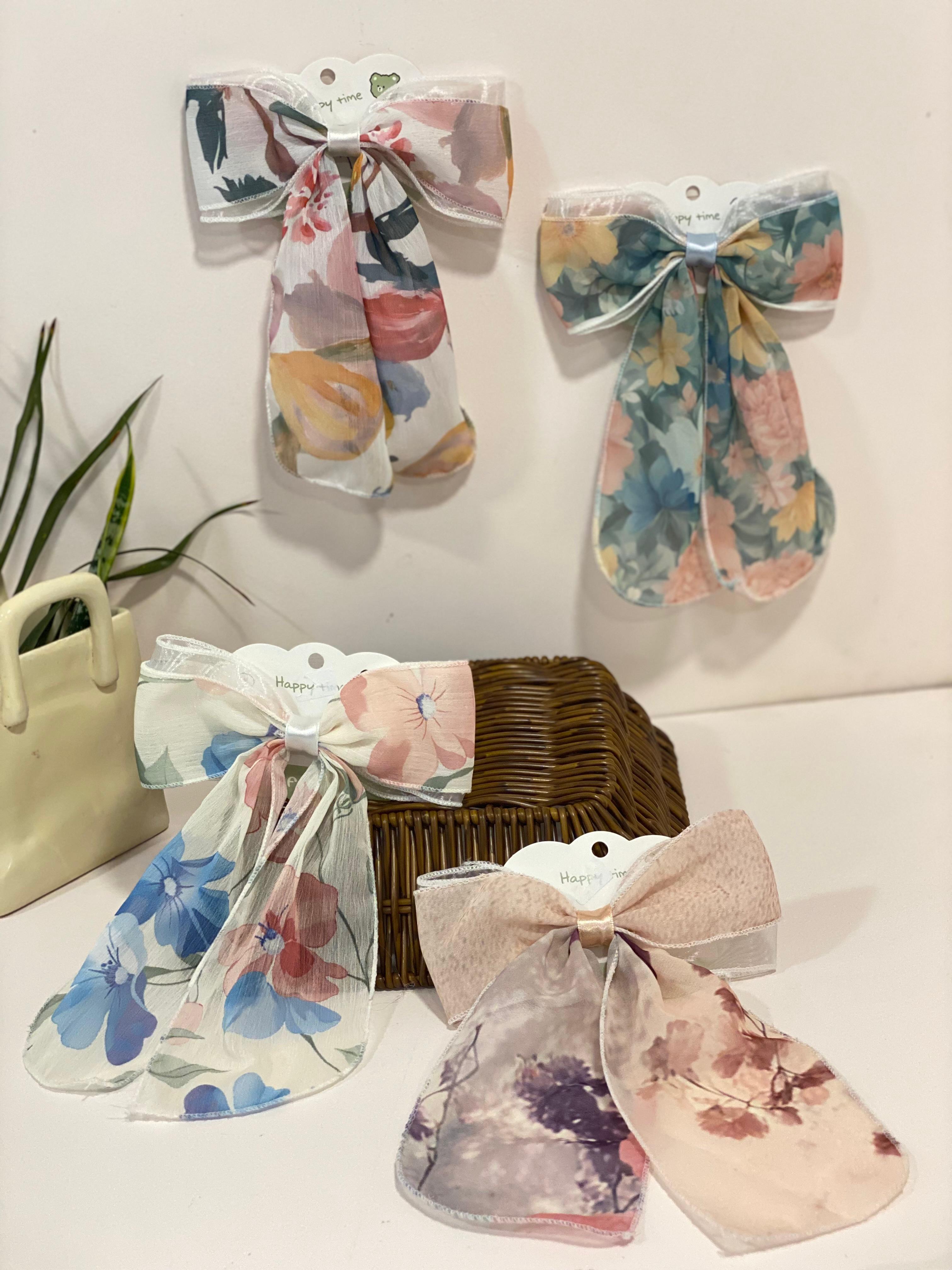 Vintage Floral Chiffon Bow Hair Streamer Clip