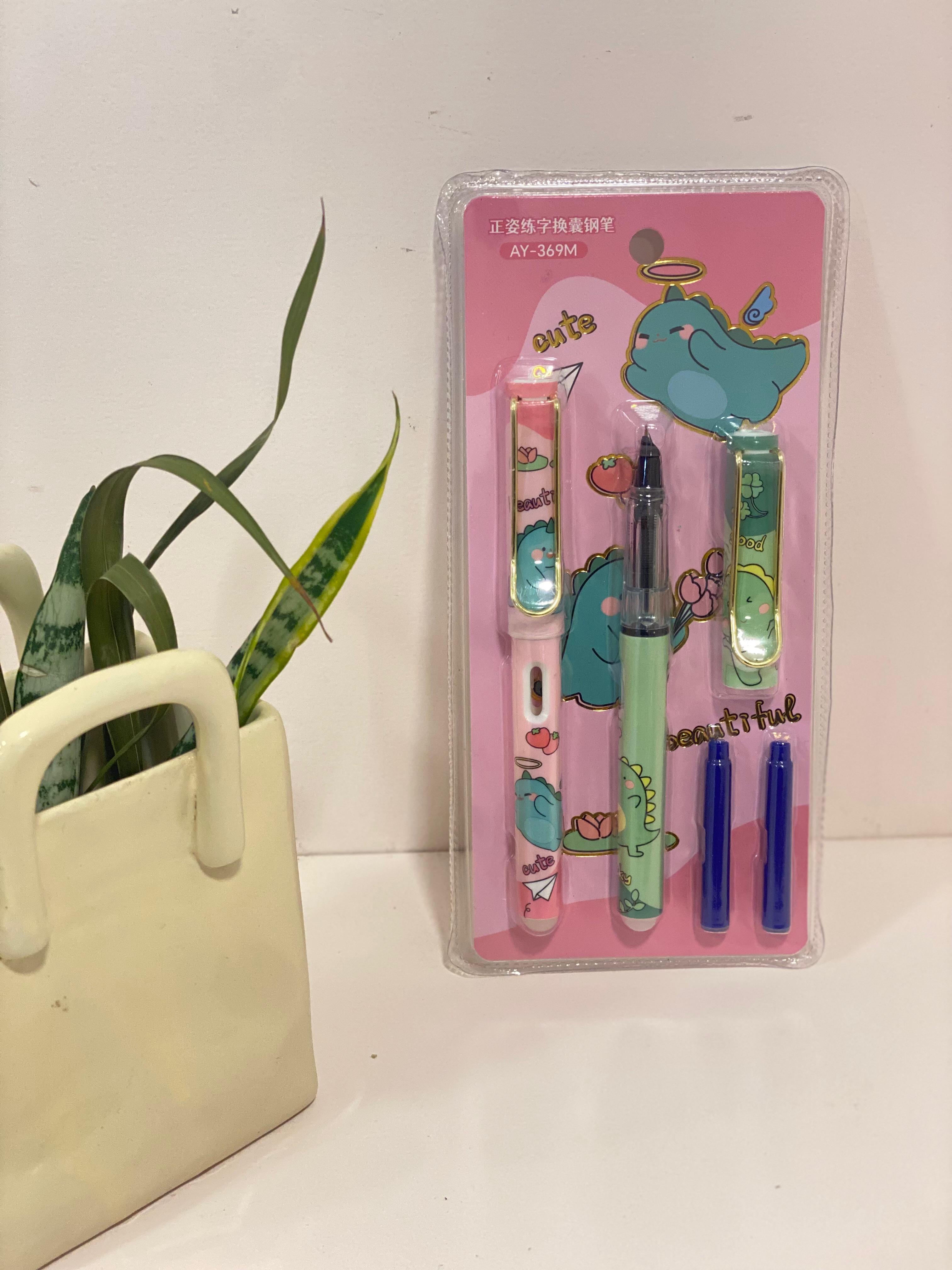 Kawaii Dinosaur Erasable Fountain Pen Set