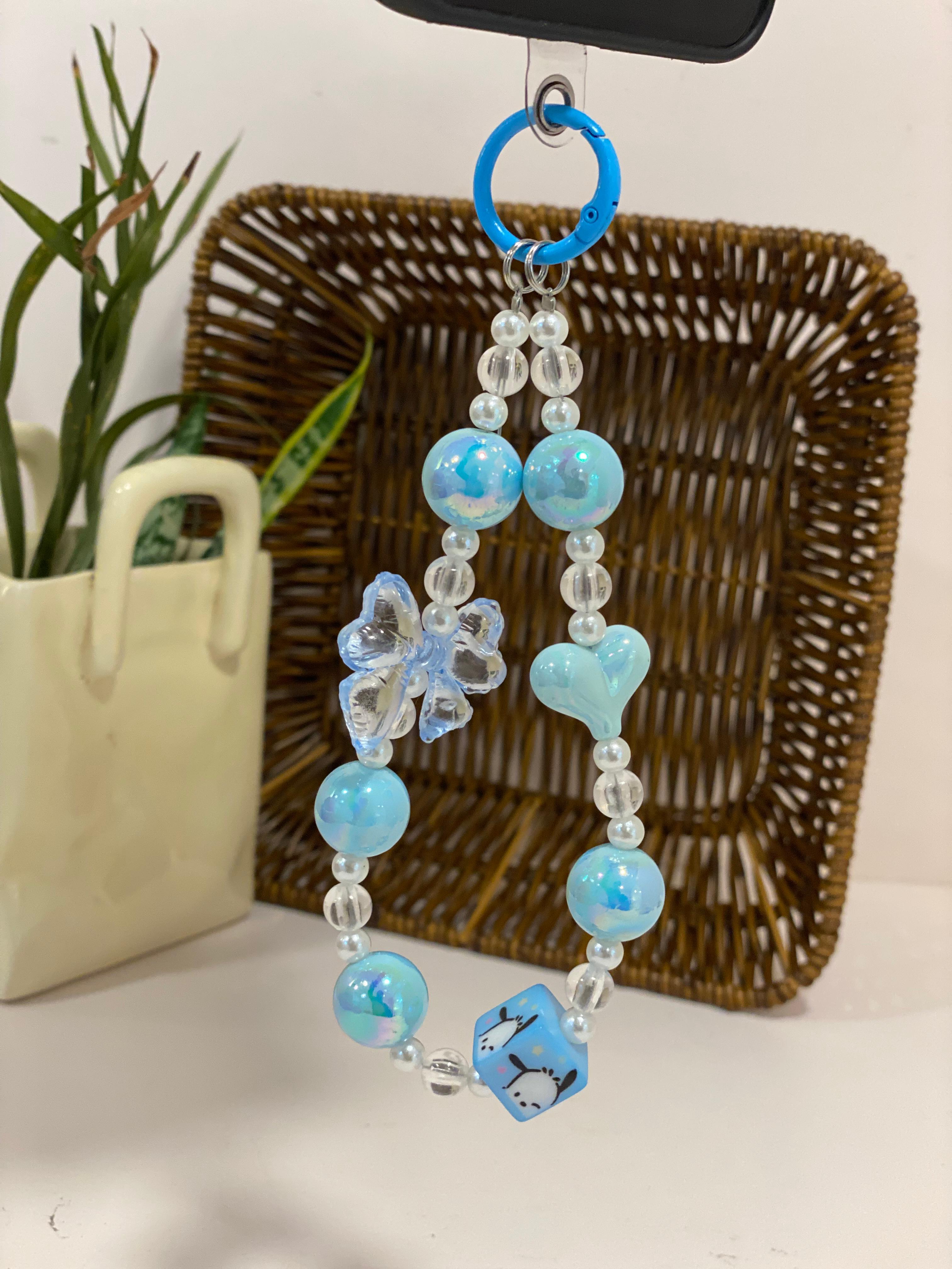 Kawaii Iridescent Butterfly & Dice Beaded Phone Lanyard