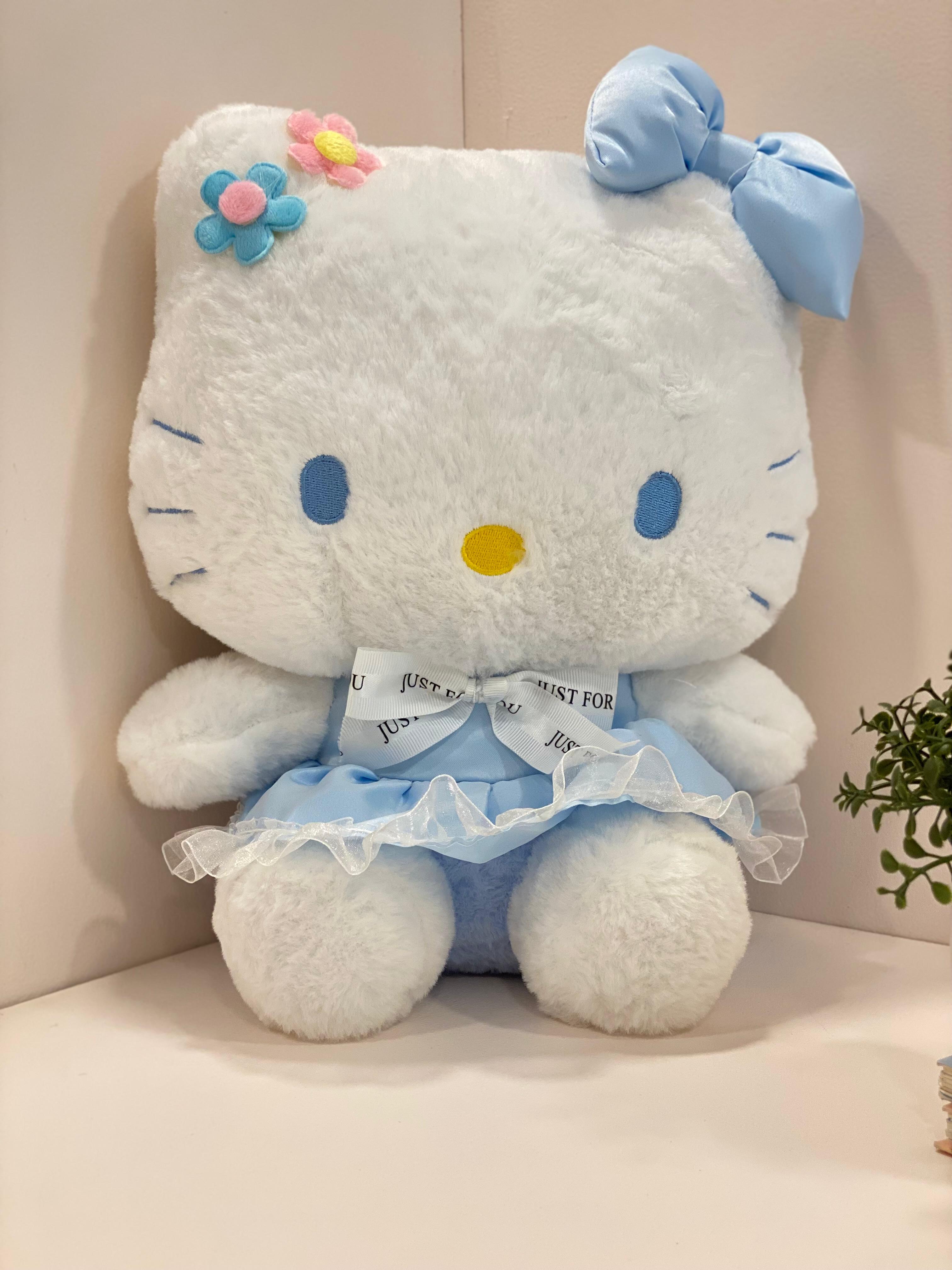 Cute Blue Bow Cat Plush Toy – Soft Stuffed Kitty Doll with Dress & Flowers (Kids & Gift Edition)