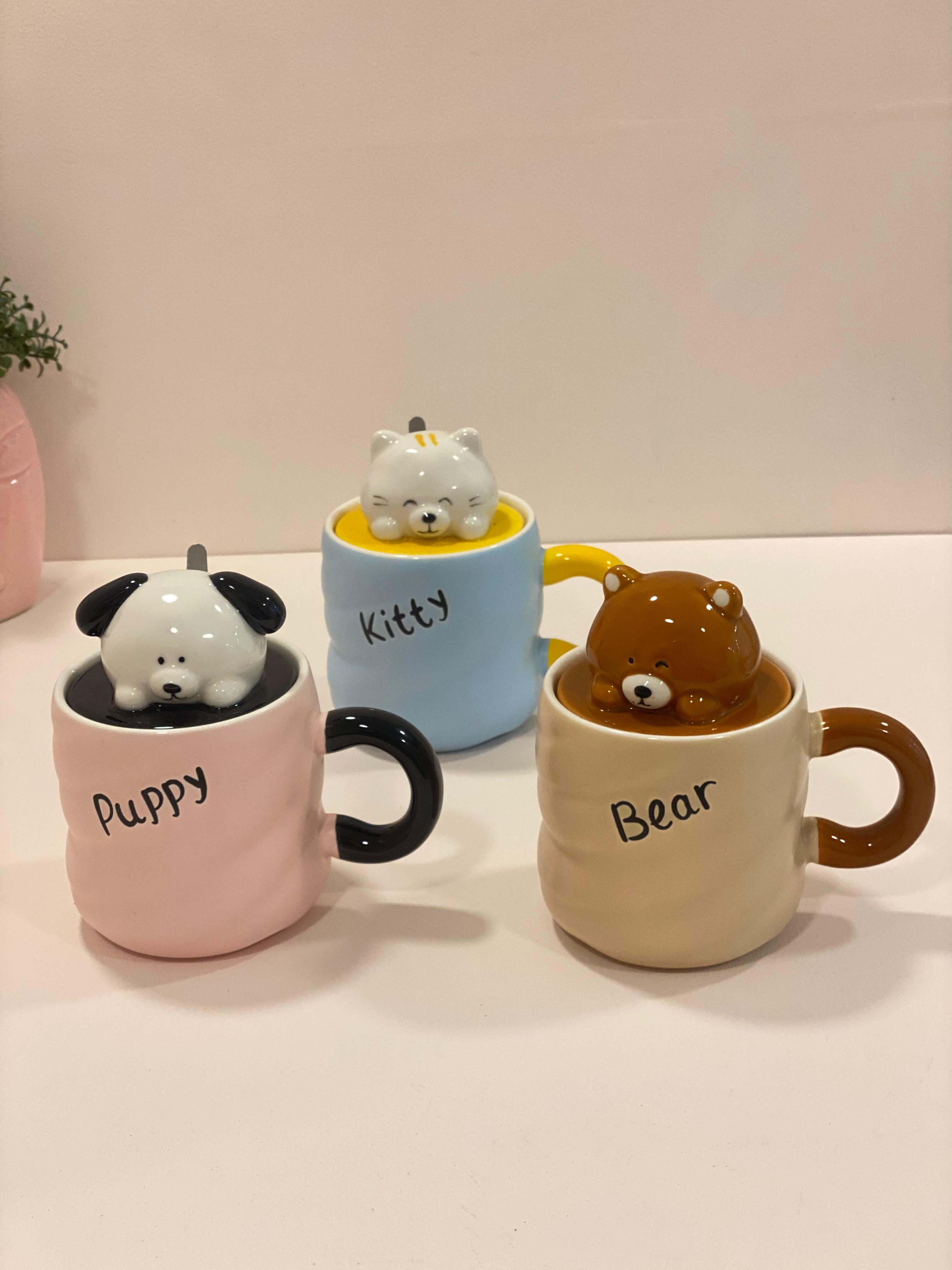 Cute Animal Ceramic Mug with 3D Lid – Puppy, Kitty & Bear Variants