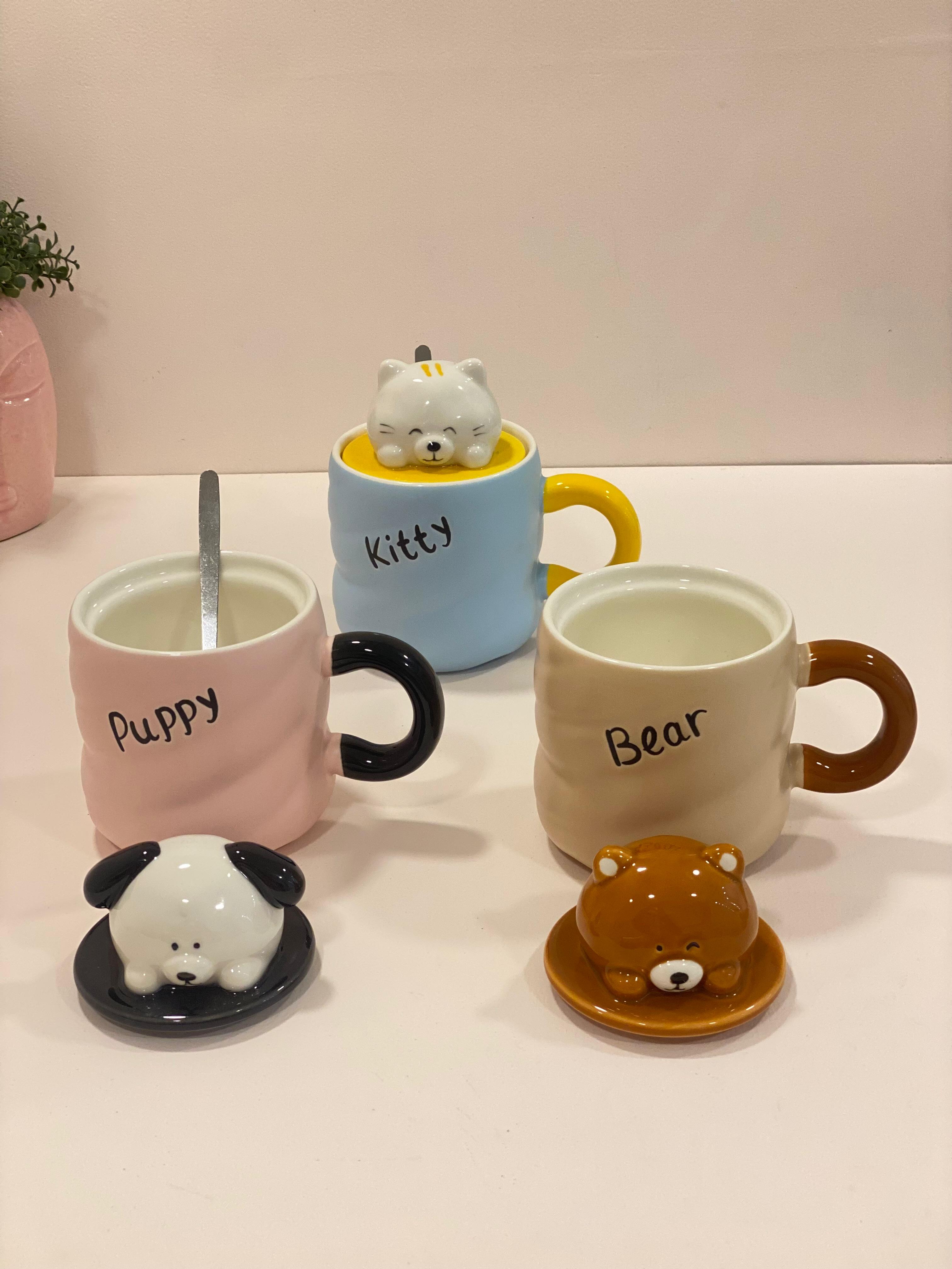 Cute Animal Ceramic Mug with 3D Lid – Puppy, Kitty & Bear Variants