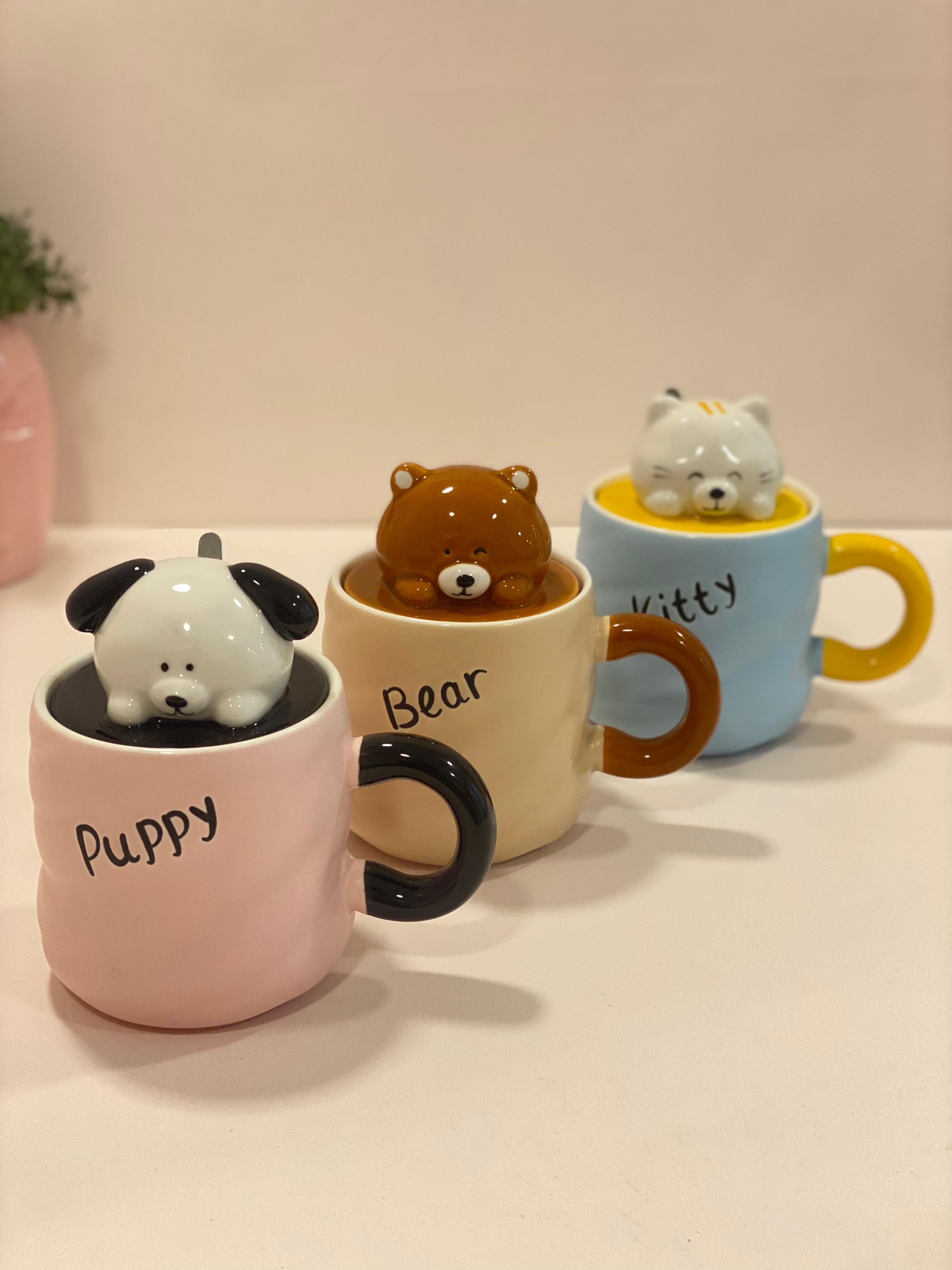 Cute Animal Ceramic Mug with 3D Lid – Puppy, Kitty & Bear Variants