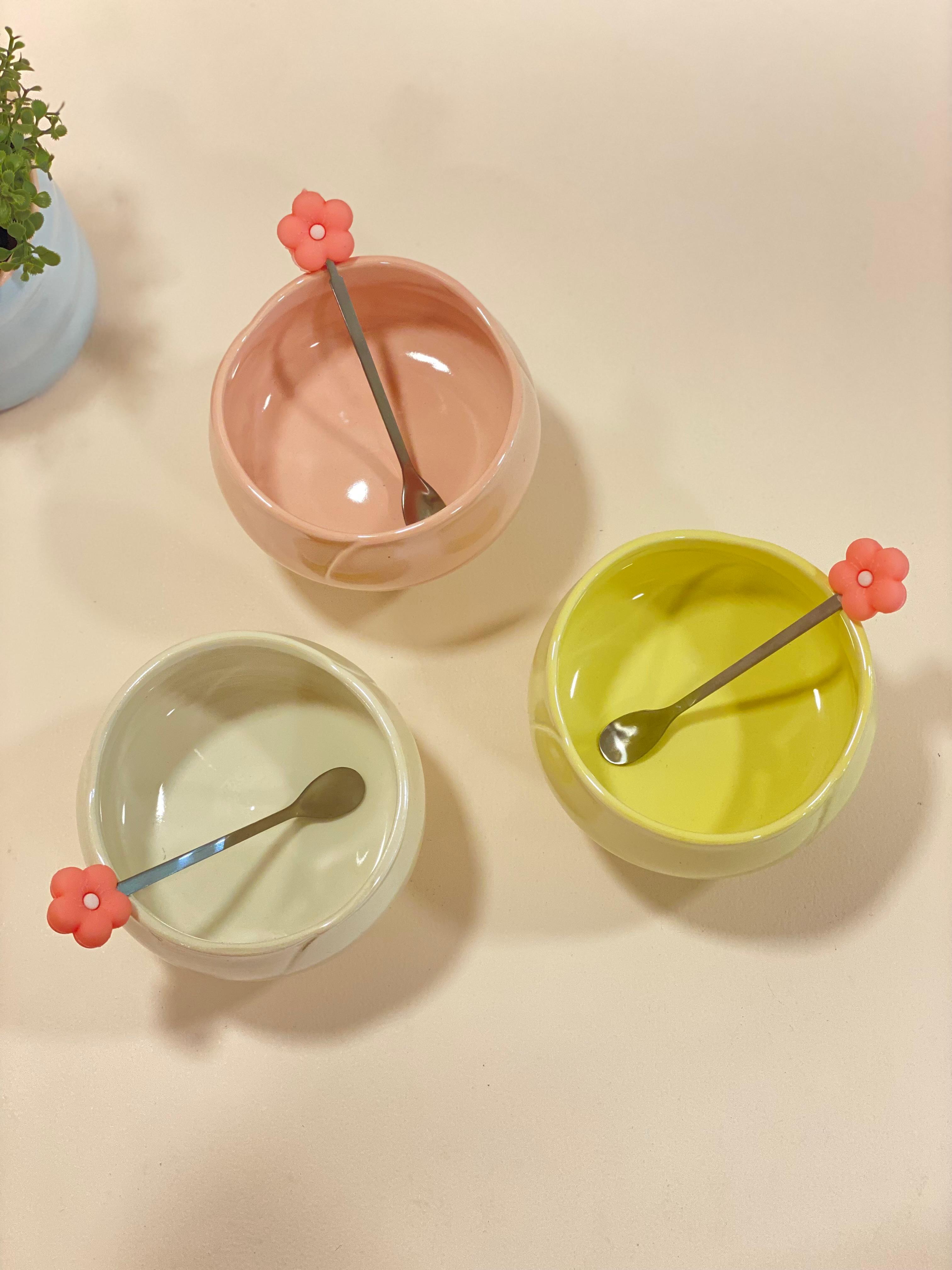 Ceramic Flower Spoon Dessert Bowl – Cute Aesthetic Serving Bowl for Snacks, Ice Cream