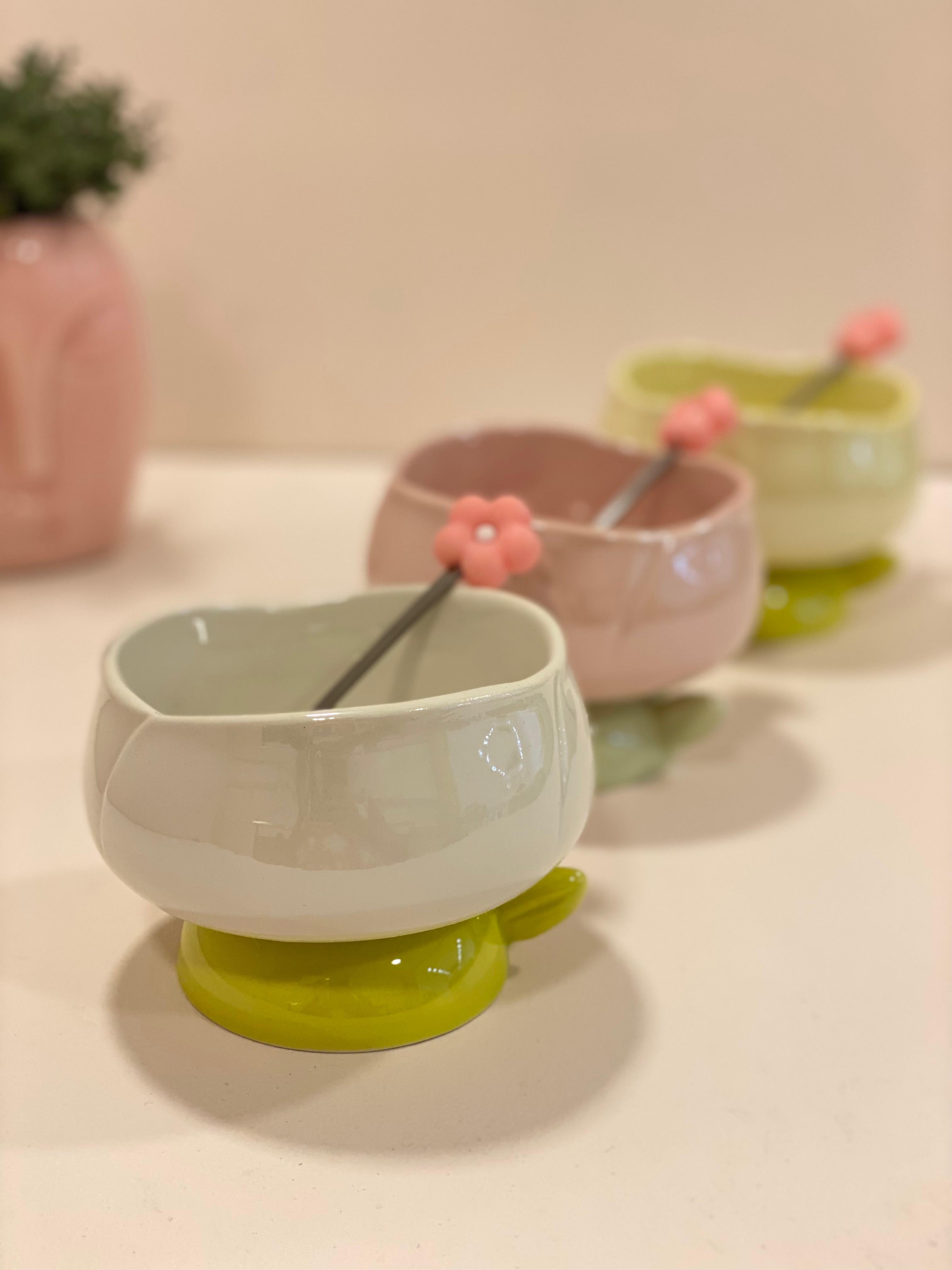 Ceramic Flower Spoon Dessert Bowl – Cute Aesthetic Serving Bowl for Snacks, Ice Cream