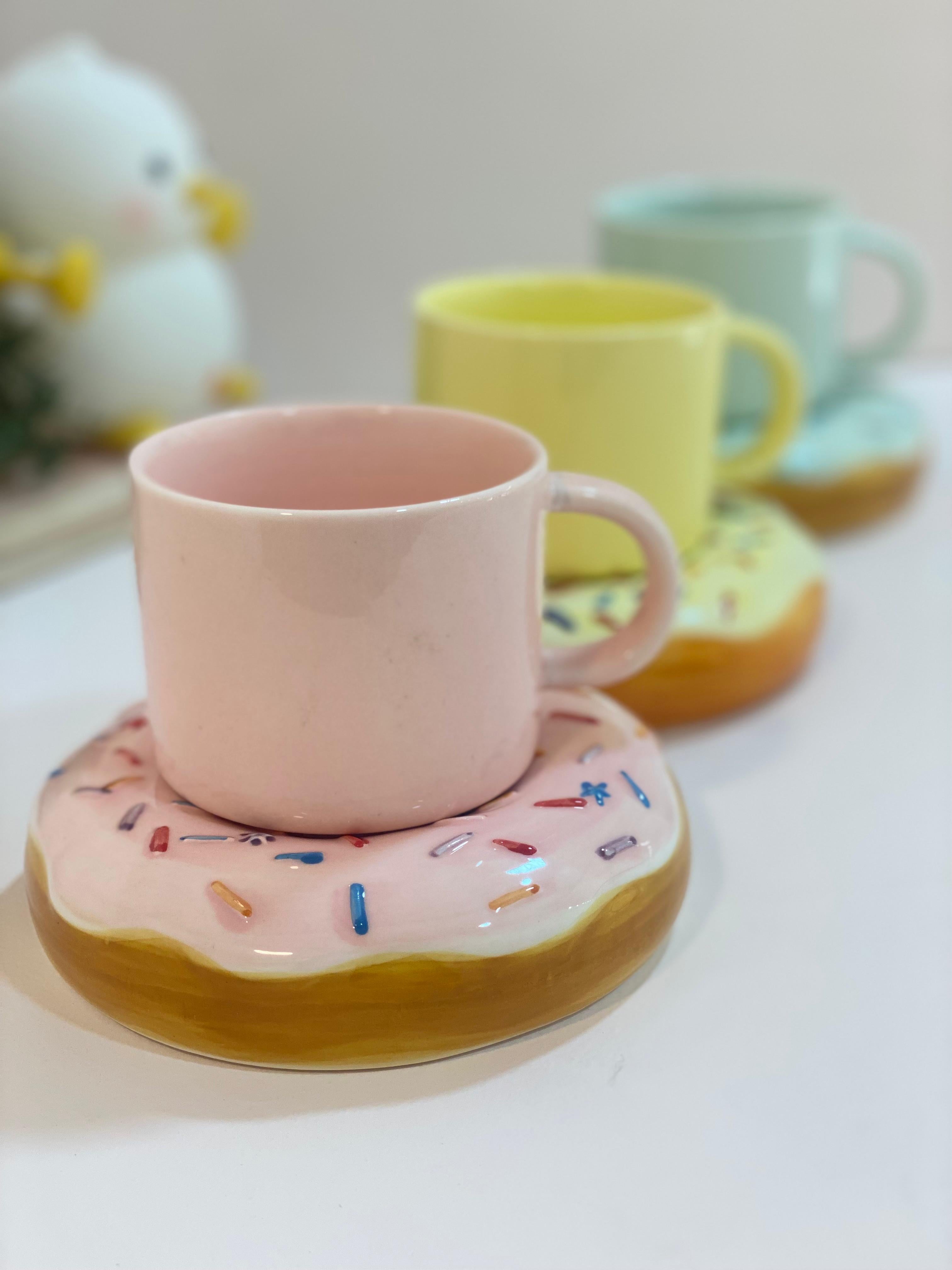 Donut Coaster Coffee Mug Set – Pastel Ceramic Cup with Sprinkle Donut Base