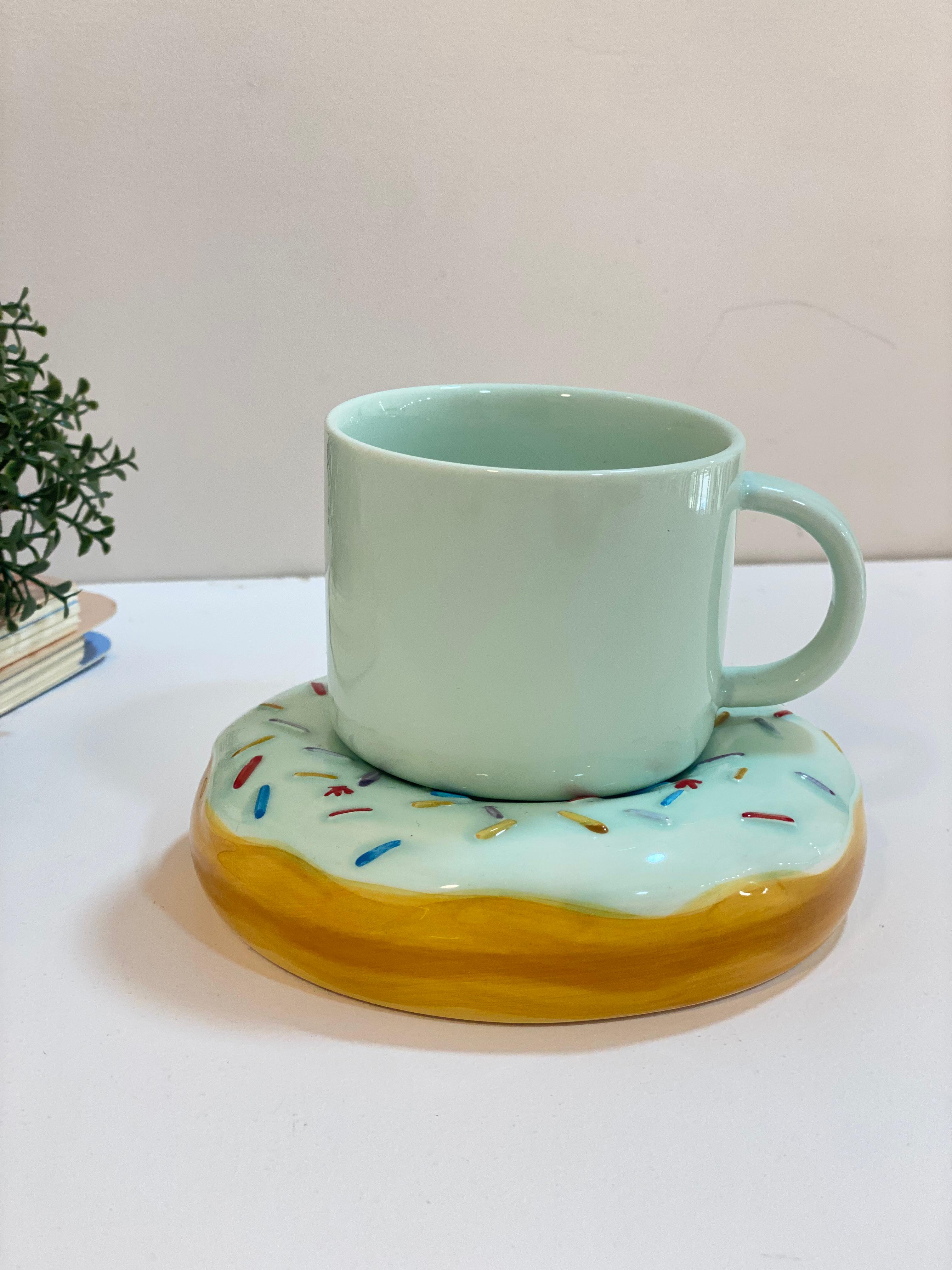 Donut Coaster Coffee Mug Set – Pastel Ceramic Cup with Sprinkle Donut Base