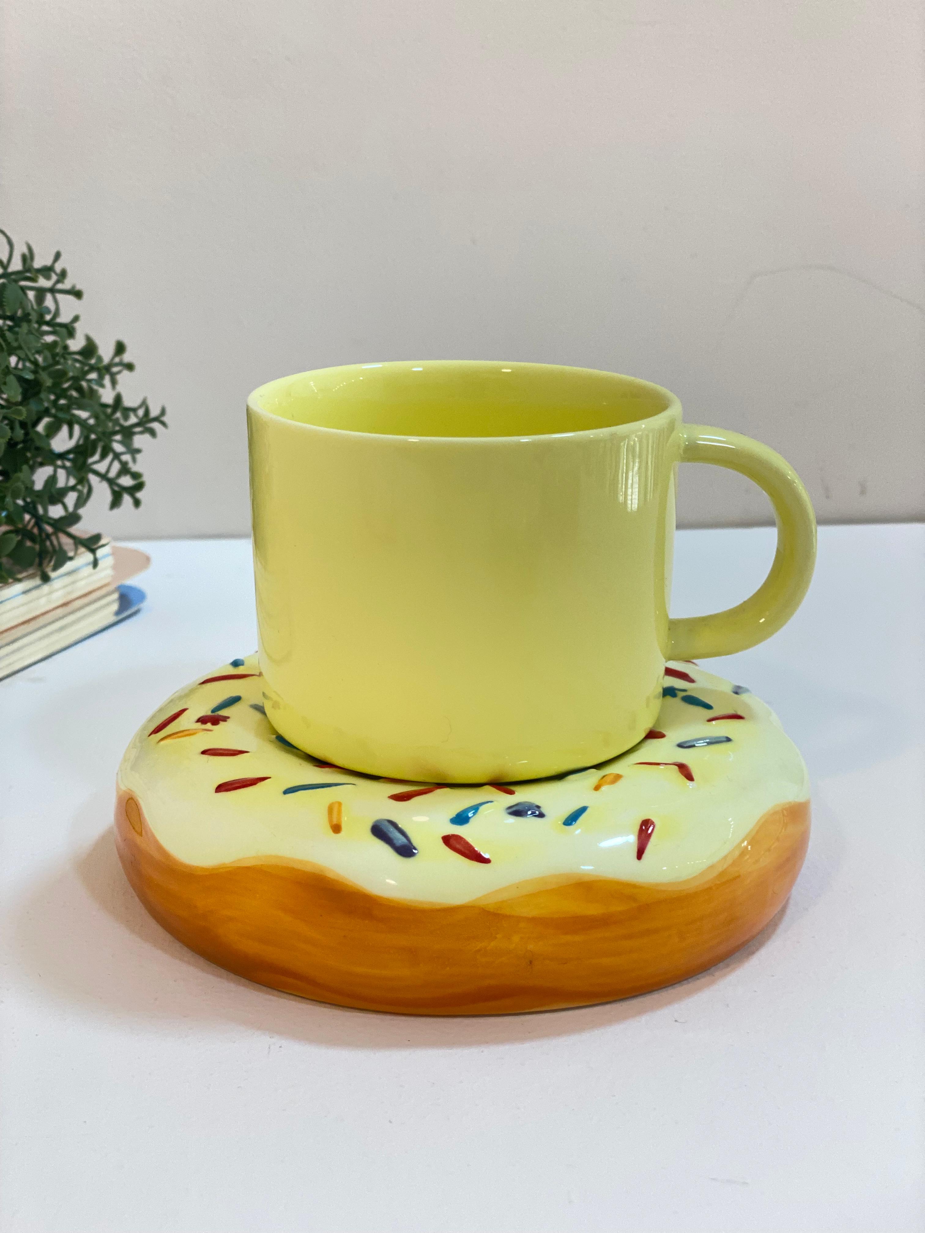 Donut Coaster Coffee Mug Set – Pastel Ceramic Cup with Sprinkle Donut Base