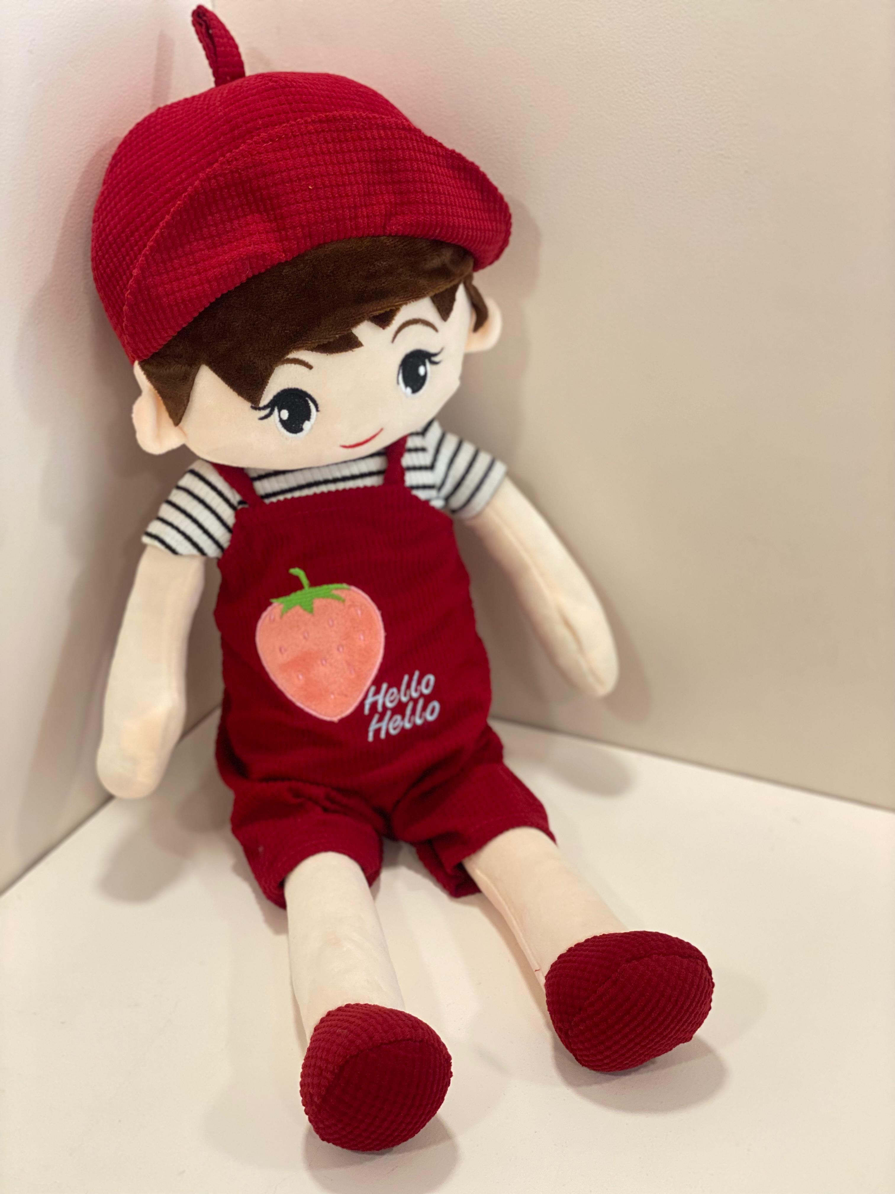 Cute Strawberry Outfit Plush Doll with Hello Cap – Soft Fabric Doll for Kids & Collectors