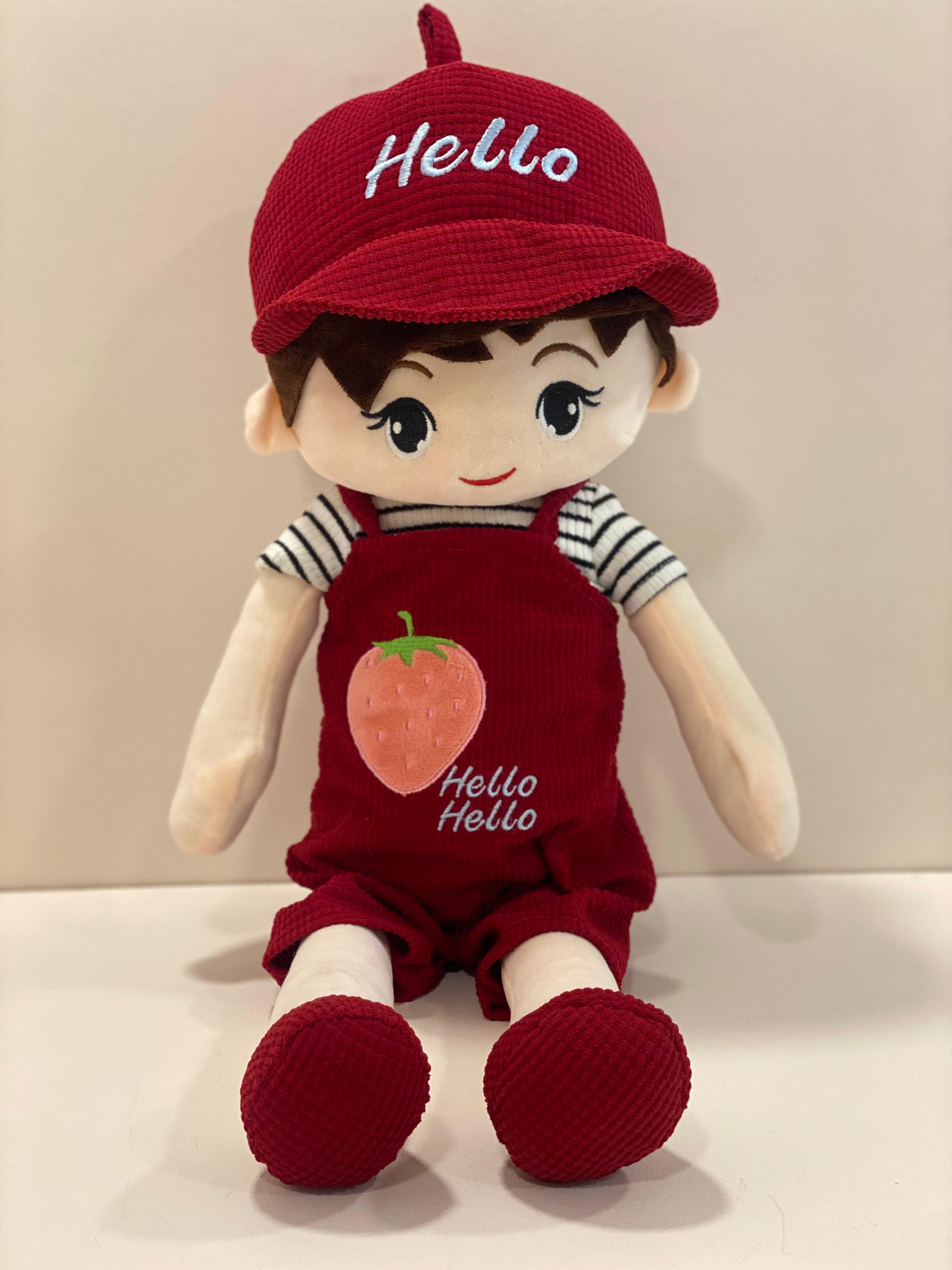 Cute Strawberry Outfit Plush Doll with Hello Cap – Soft Fabric Doll for Kids & Collectors