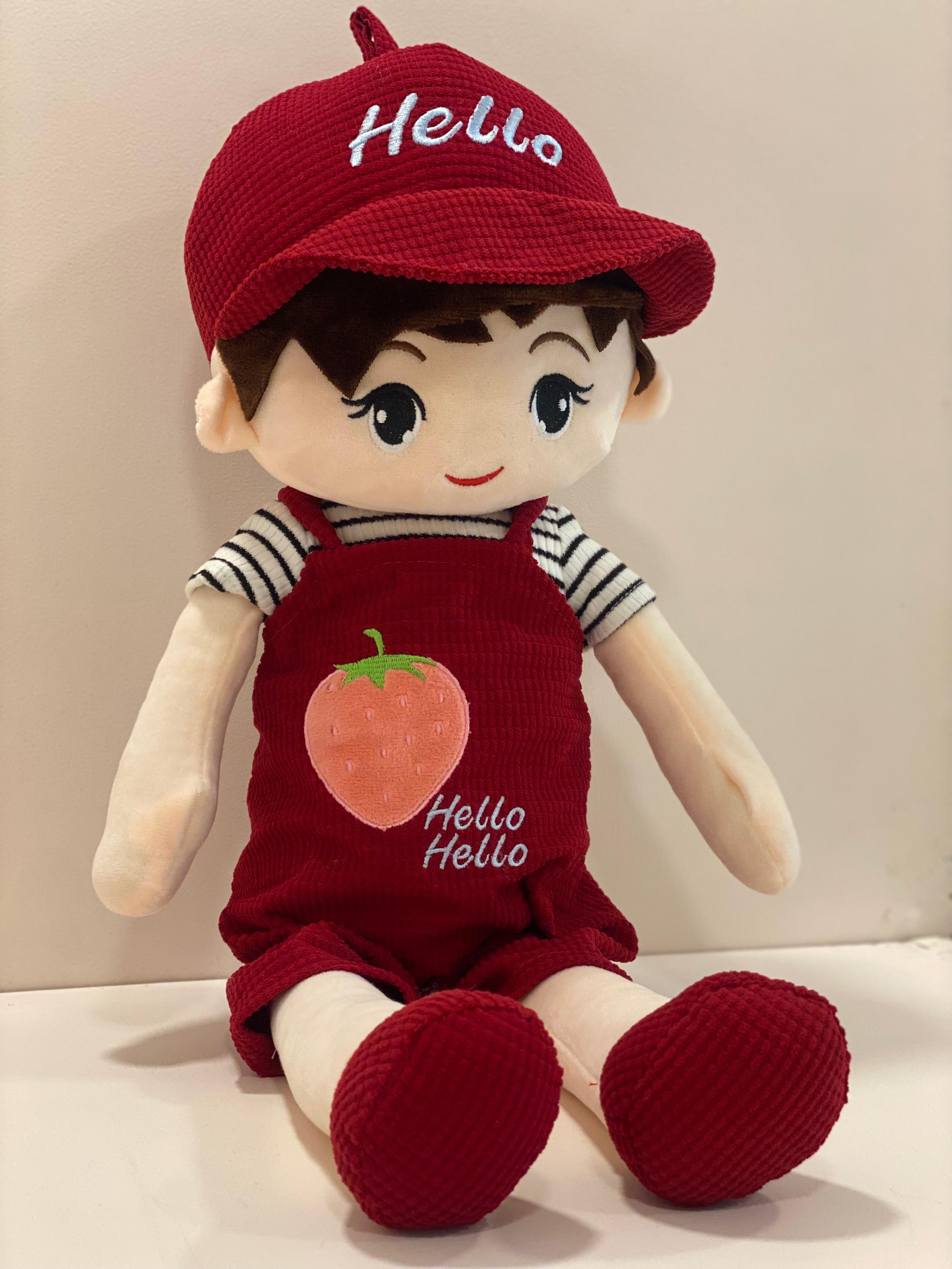 Cute Strawberry Outfit Plush Doll with Hello Cap – Soft Fabric Doll for Kids & Collectors