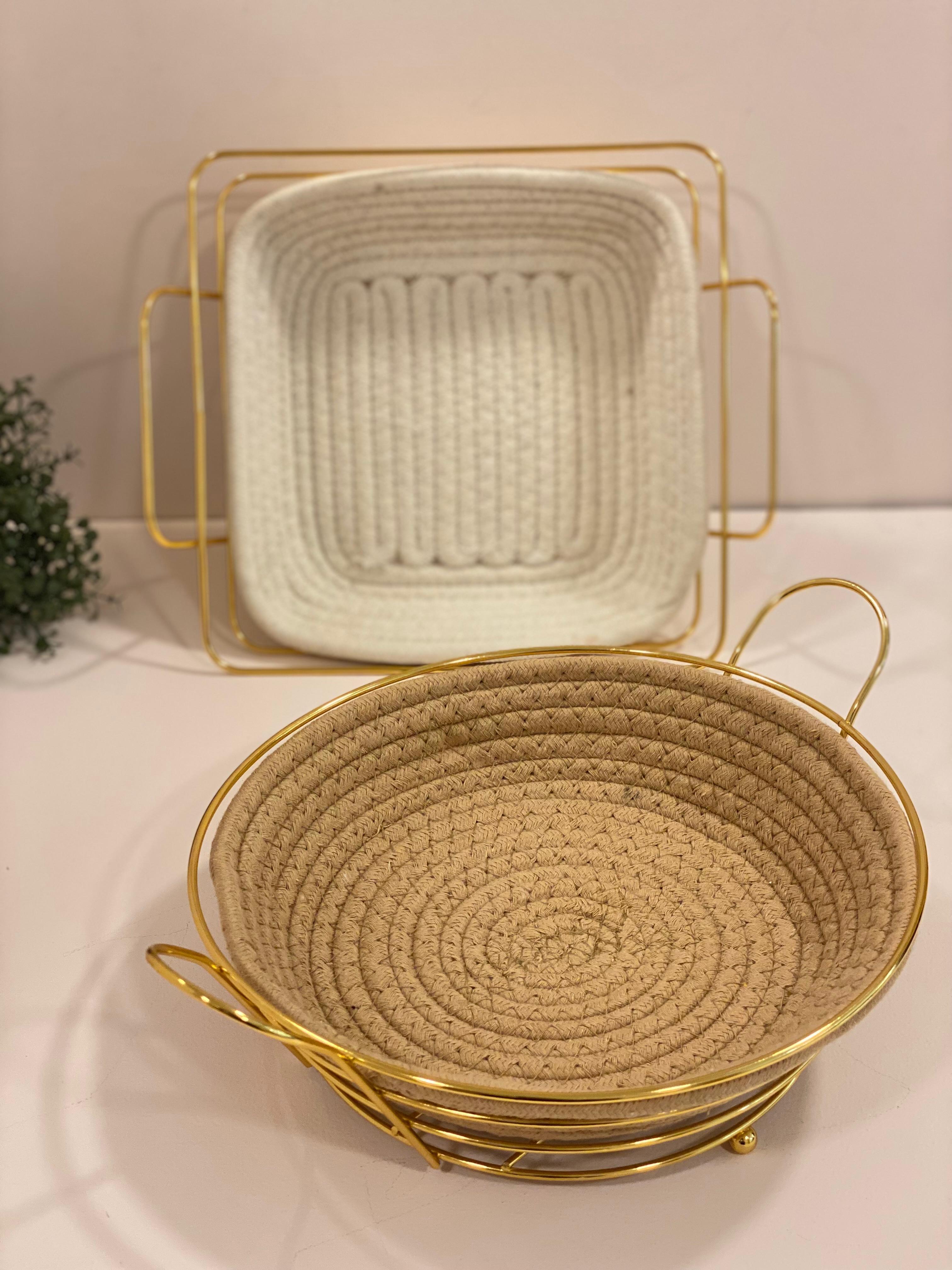 Handwoven Cane Storage Baskets with Gold Metal Frame – Heart & Square Shapes