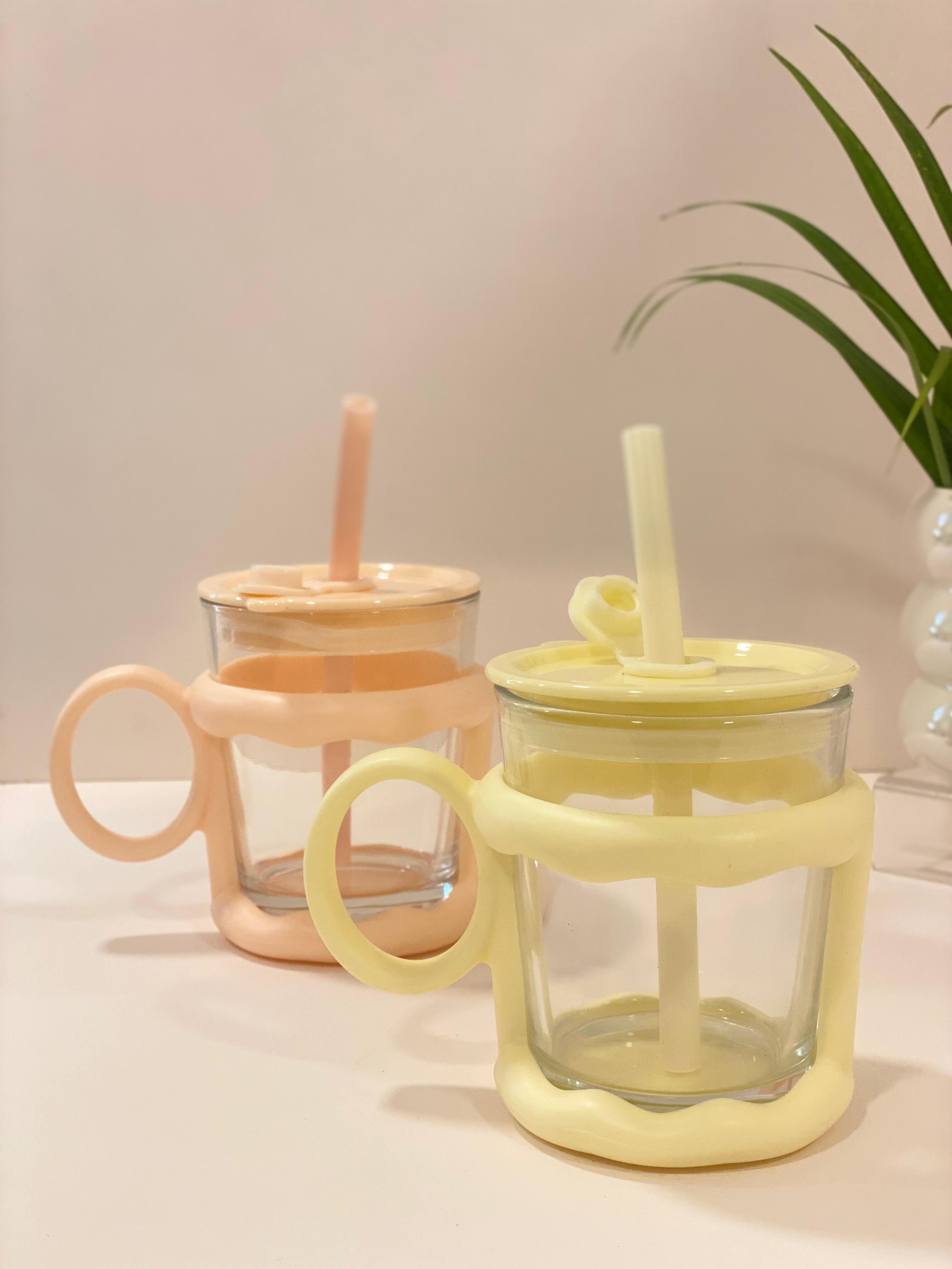 Pastel Glass Sipper Mug with Straw & Silicone Cover – Cute Kids Drinking Cup with Handle