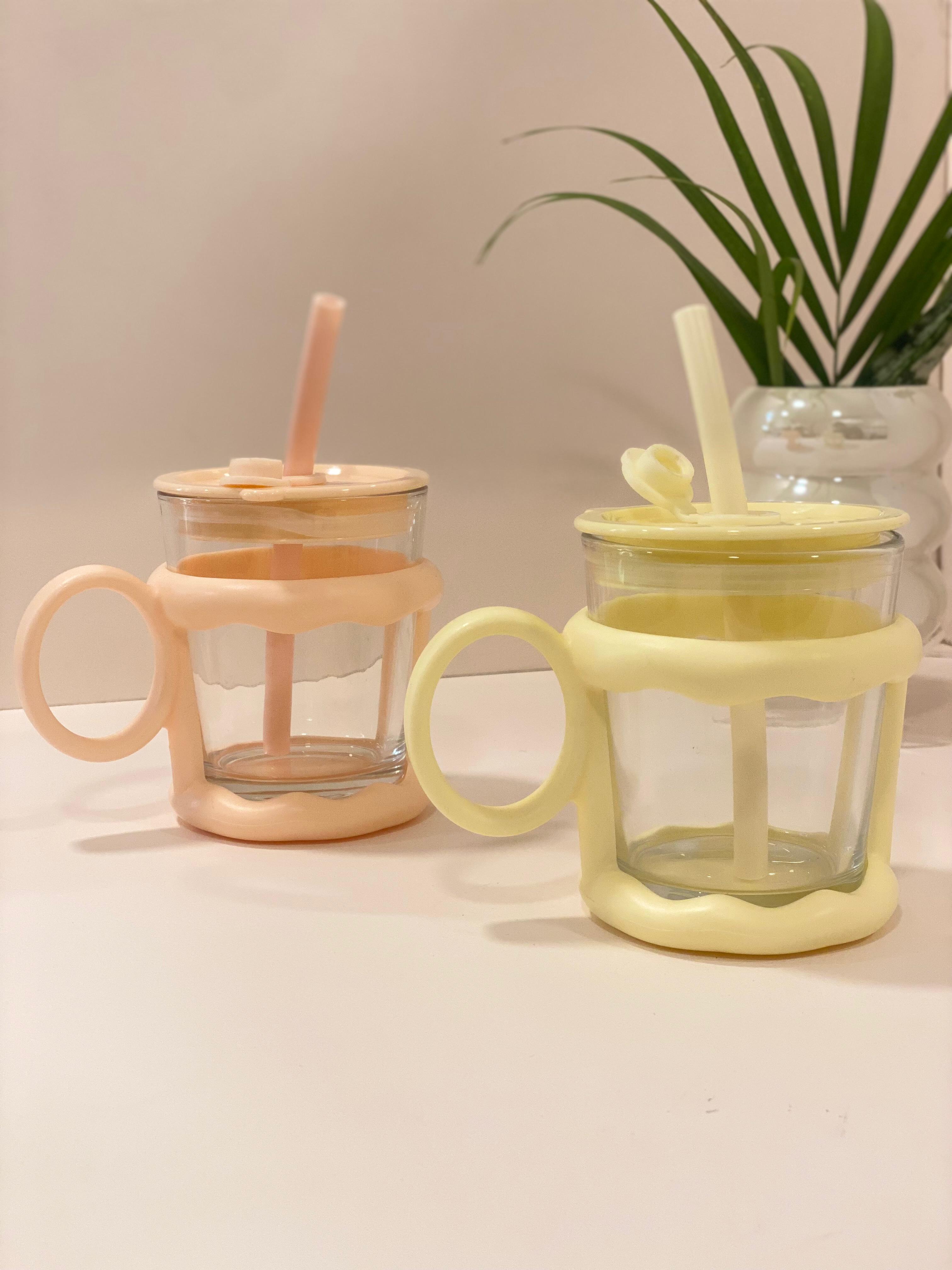 Pastel Glass Sipper Mug with Straw & Silicone Cover – Cute Kids Drinking Cup with Handle