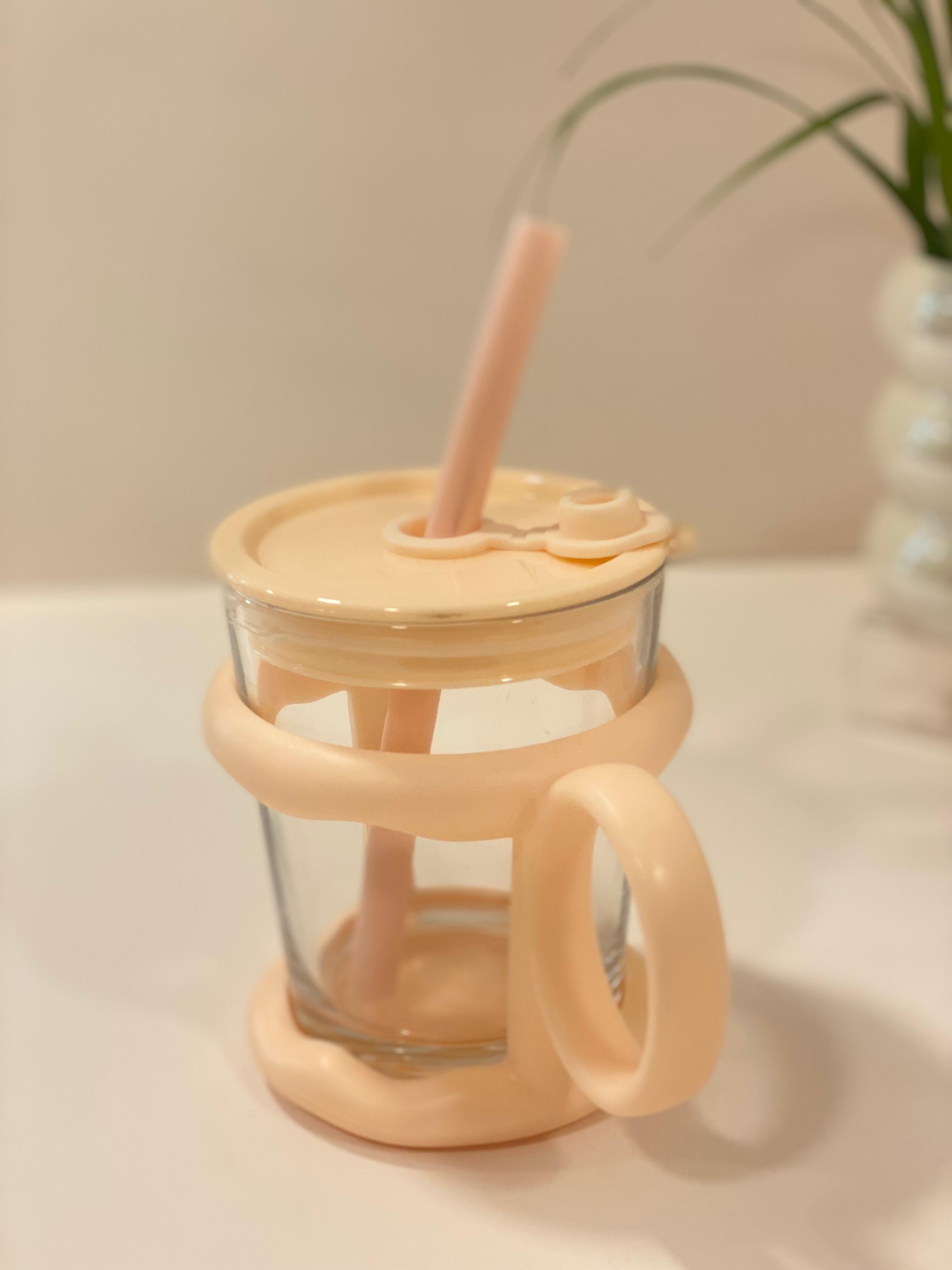Pastel Glass Sipper Mug with Straw & Silicone Cover – Cute Kids Drinking Cup with Handle