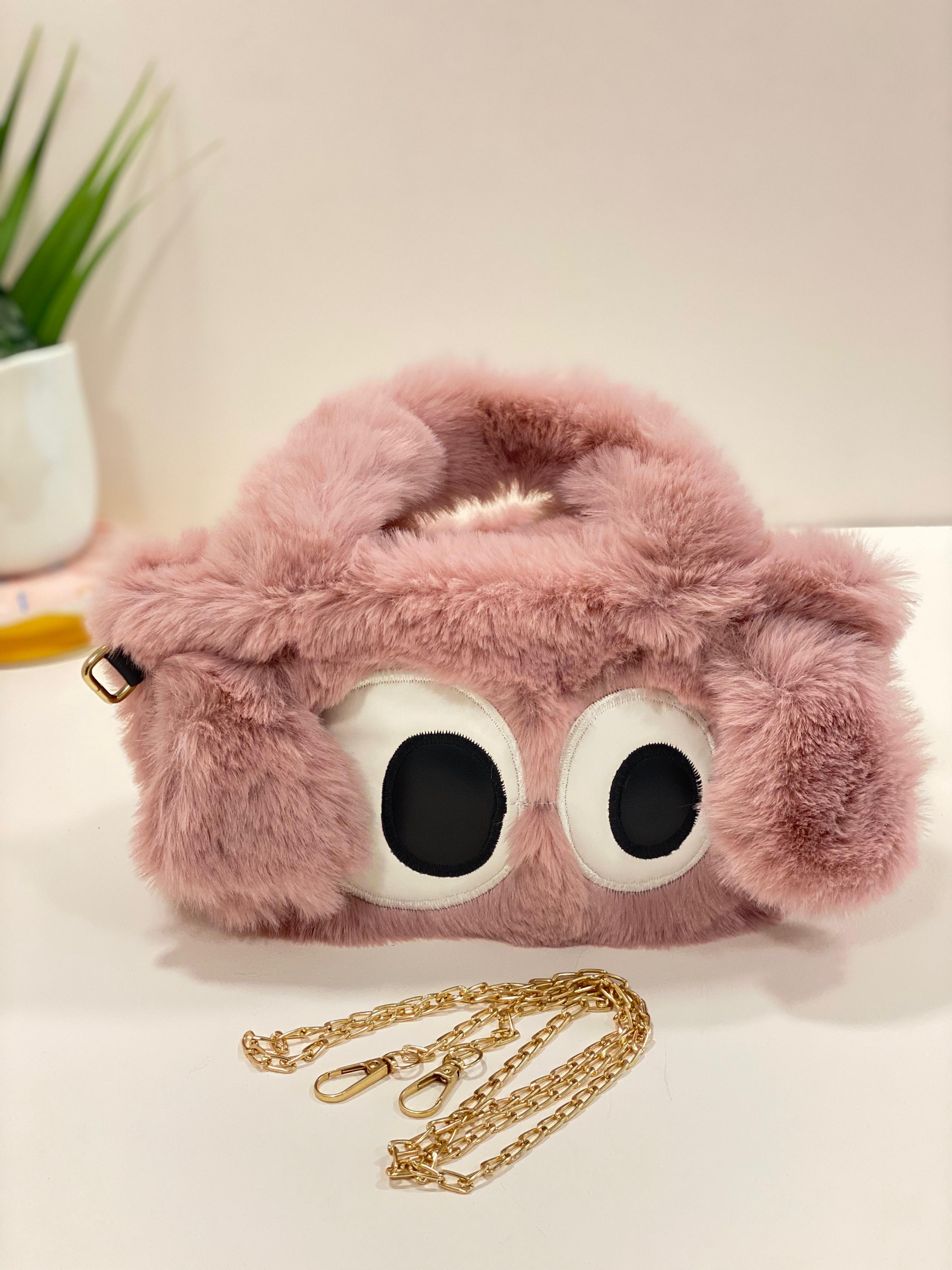 Cute Fluffy Cartoon Eye Handbag for Women & Girls – Soft Faux Fur Sling Bag with Chain Strap