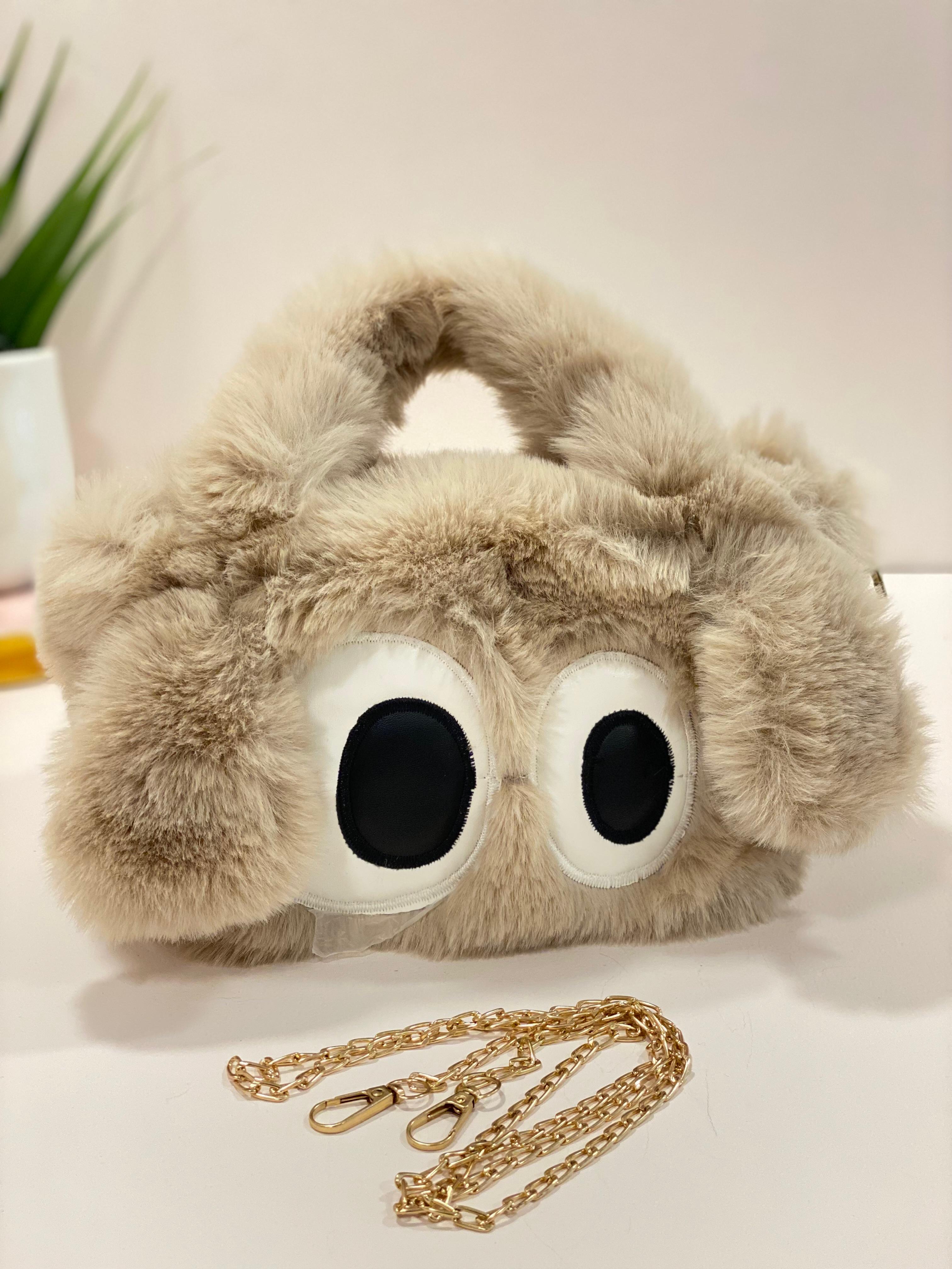 Cute Fluffy Cartoon Eye Handbag for Women & Girls – Soft Faux Fur Sling Bag with Chain Strap