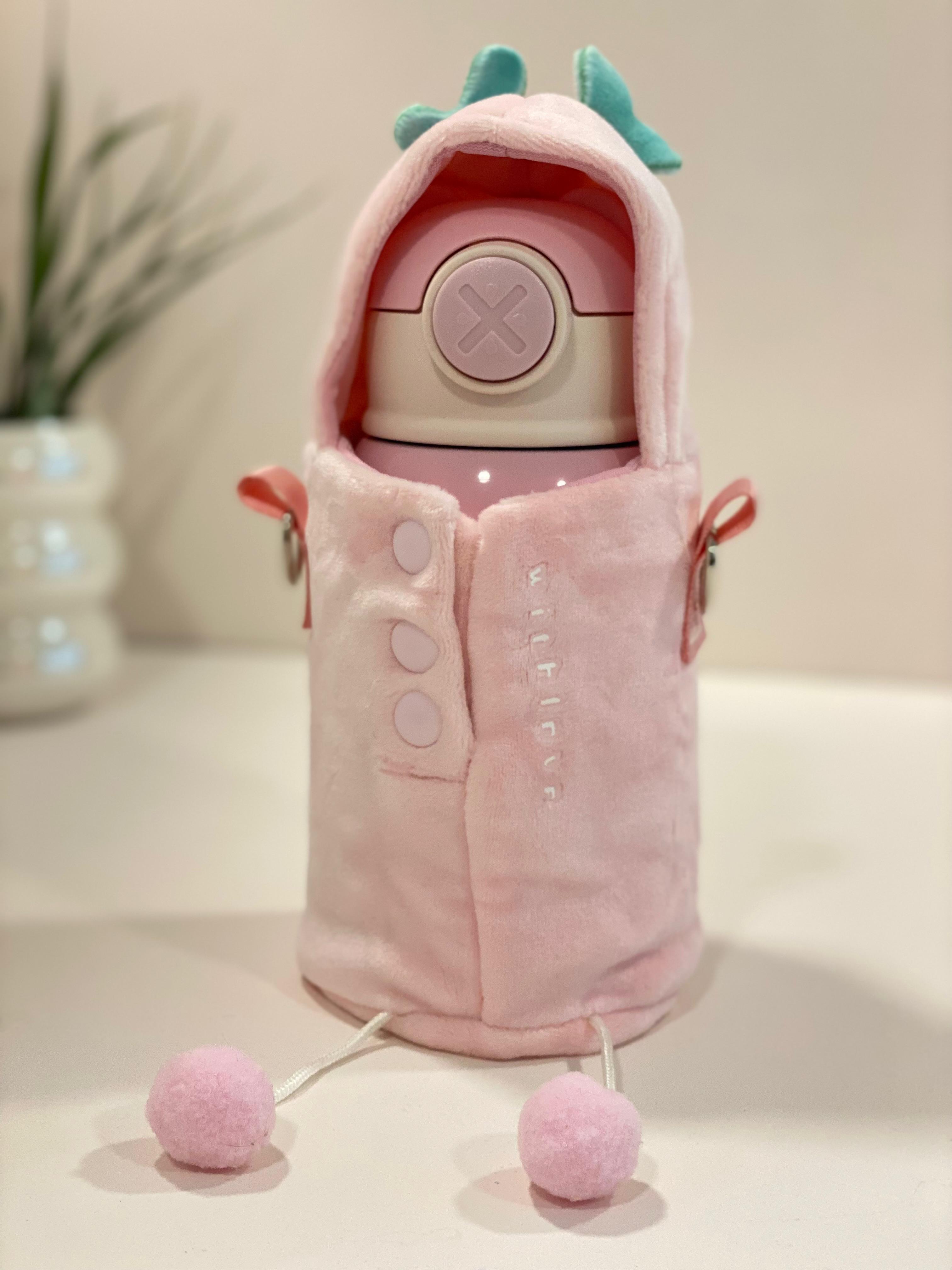 Kids Insulated Water Bottle with Cute Plush Cover & Strap – Leakproof Stainless Steel Sipper (Pink Ice Cream Design)