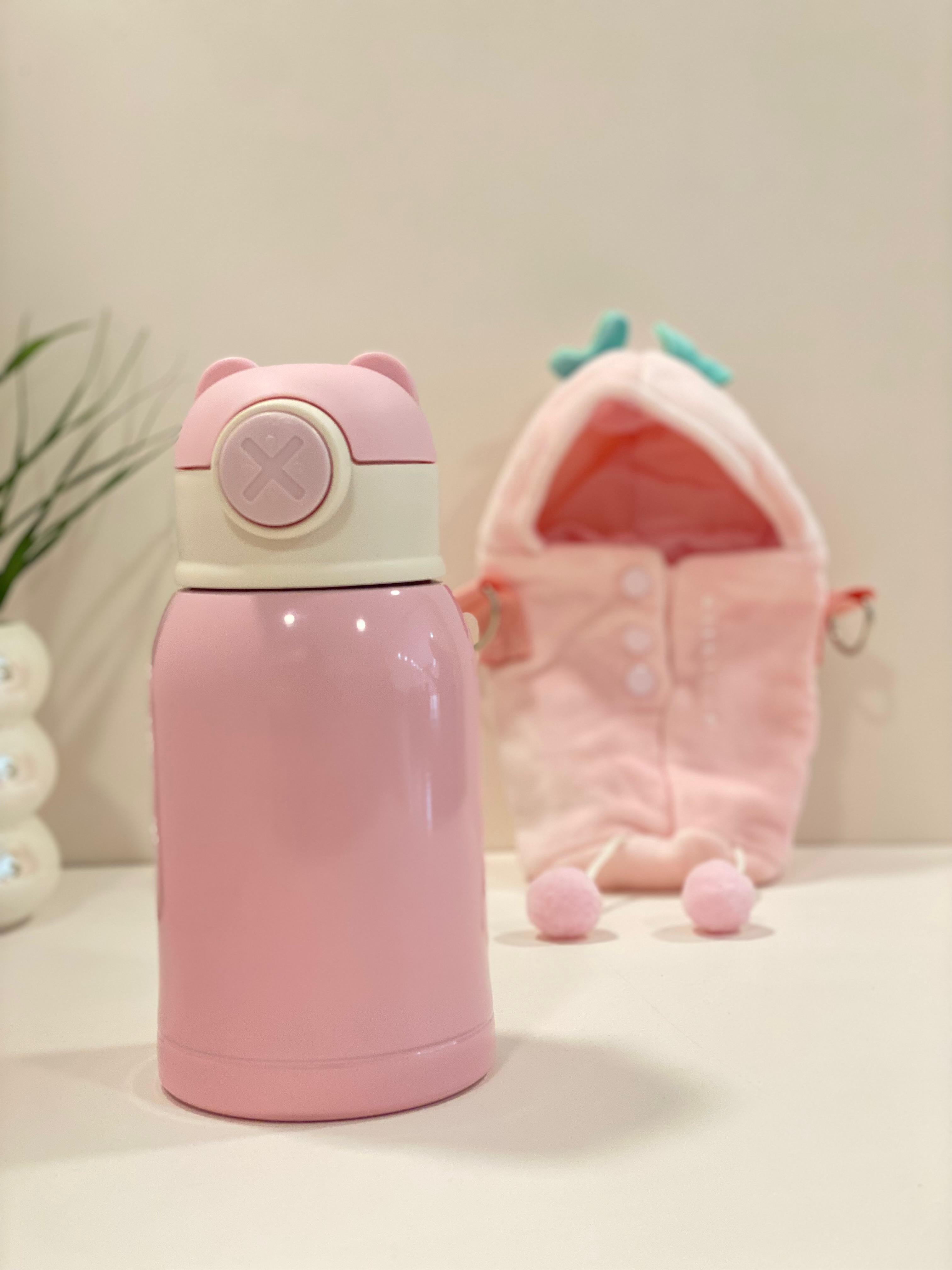 Kids Insulated Water Bottle with Cute Plush Cover & Strap – Leakproof Stainless Steel Sipper (Pink Ice Cream Design)