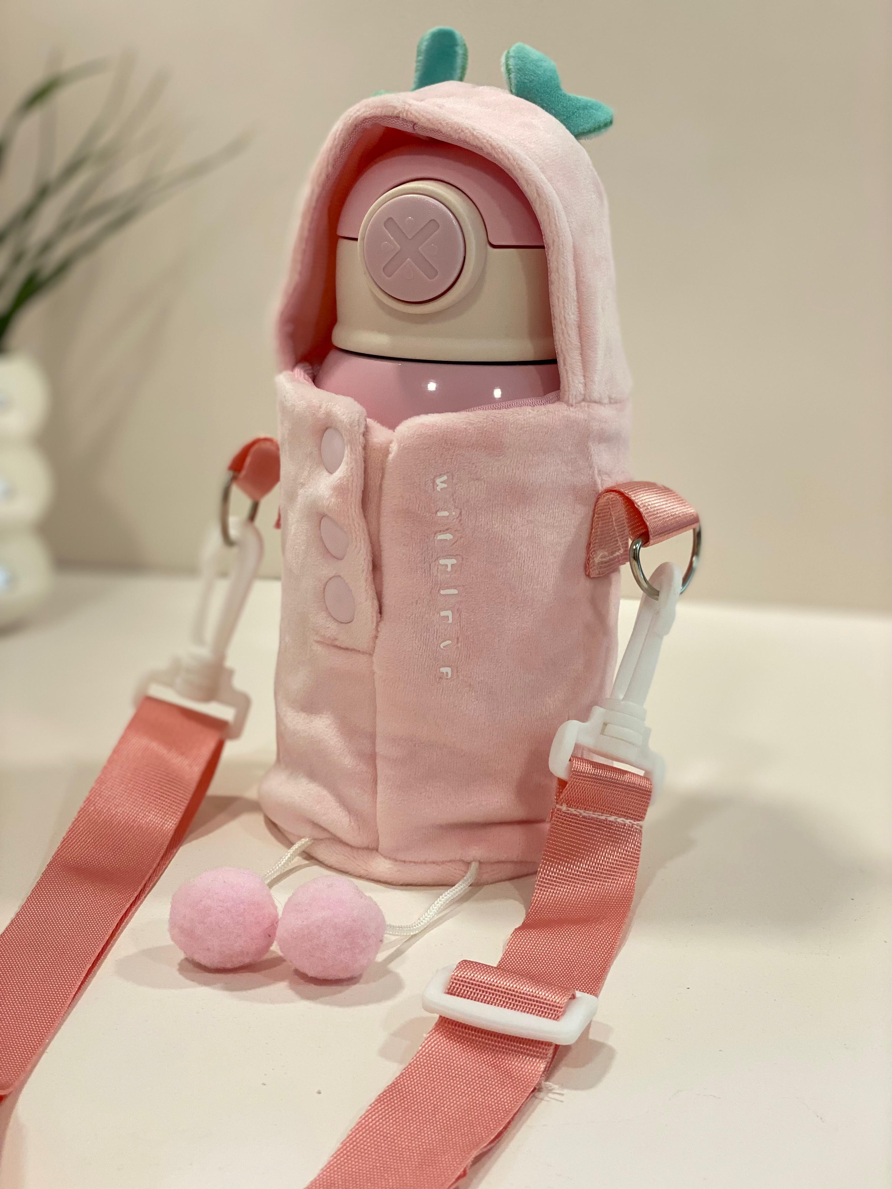 Kids Insulated Water Bottle with Cute Plush Cover & Strap – Leakproof Stainless Steel Sipper (Pink Ice Cream Design)