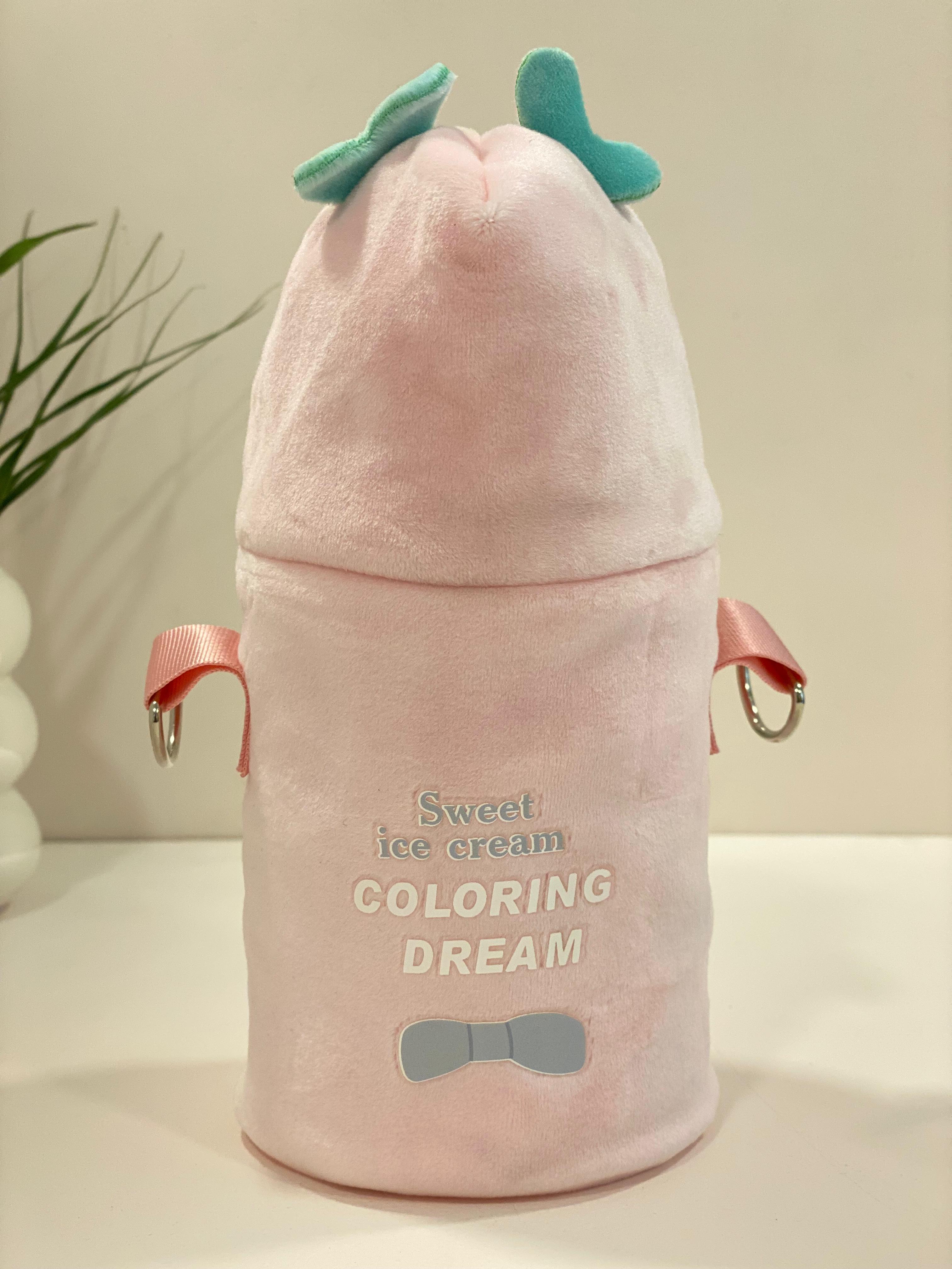 Kids Insulated Water Bottle with Cute Plush Cover & Strap – Leakproof Stainless Steel Sipper (Pink Ice Cream Design)