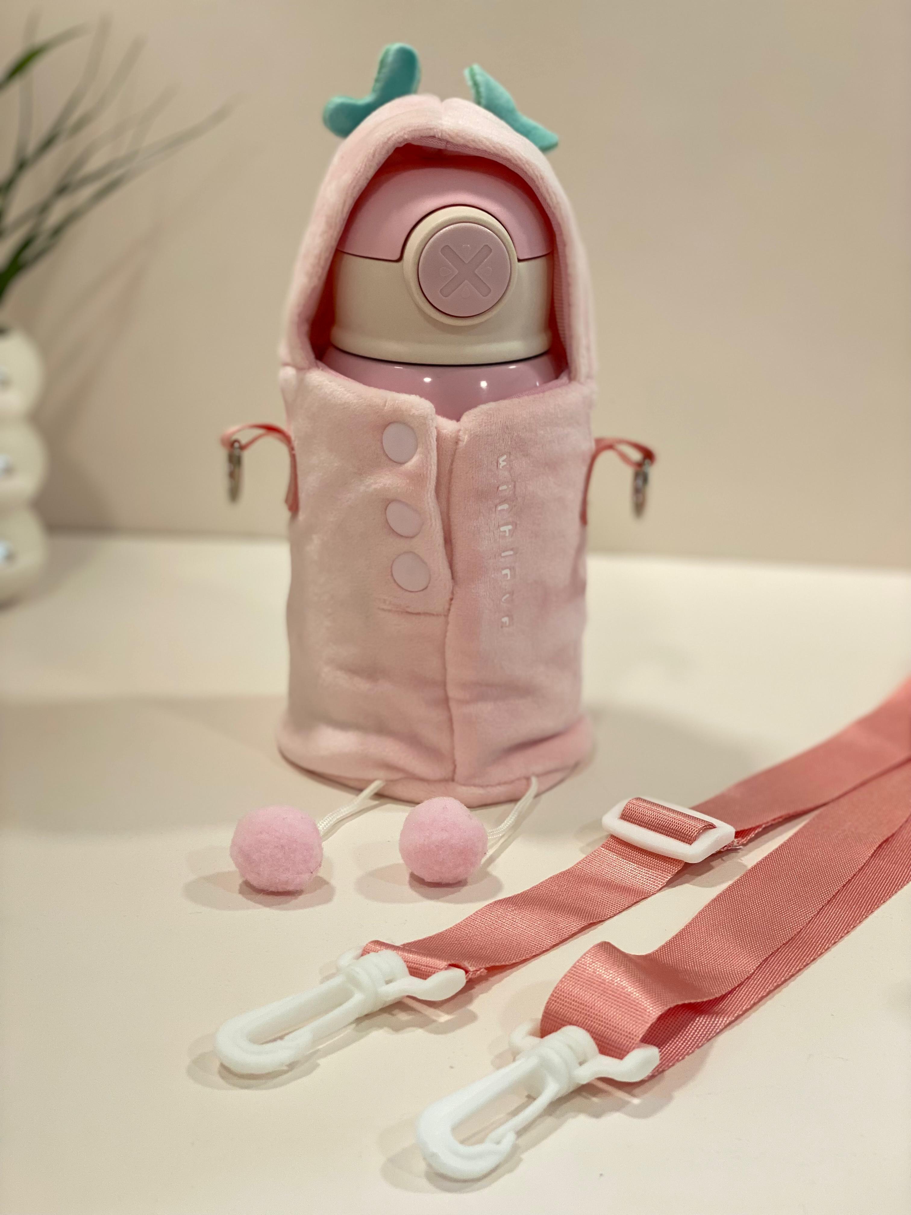 Kids Insulated Water Bottle with Cute Plush Cover & Strap – Leakproof Stainless Steel Sipper (Pink Ice Cream Design)