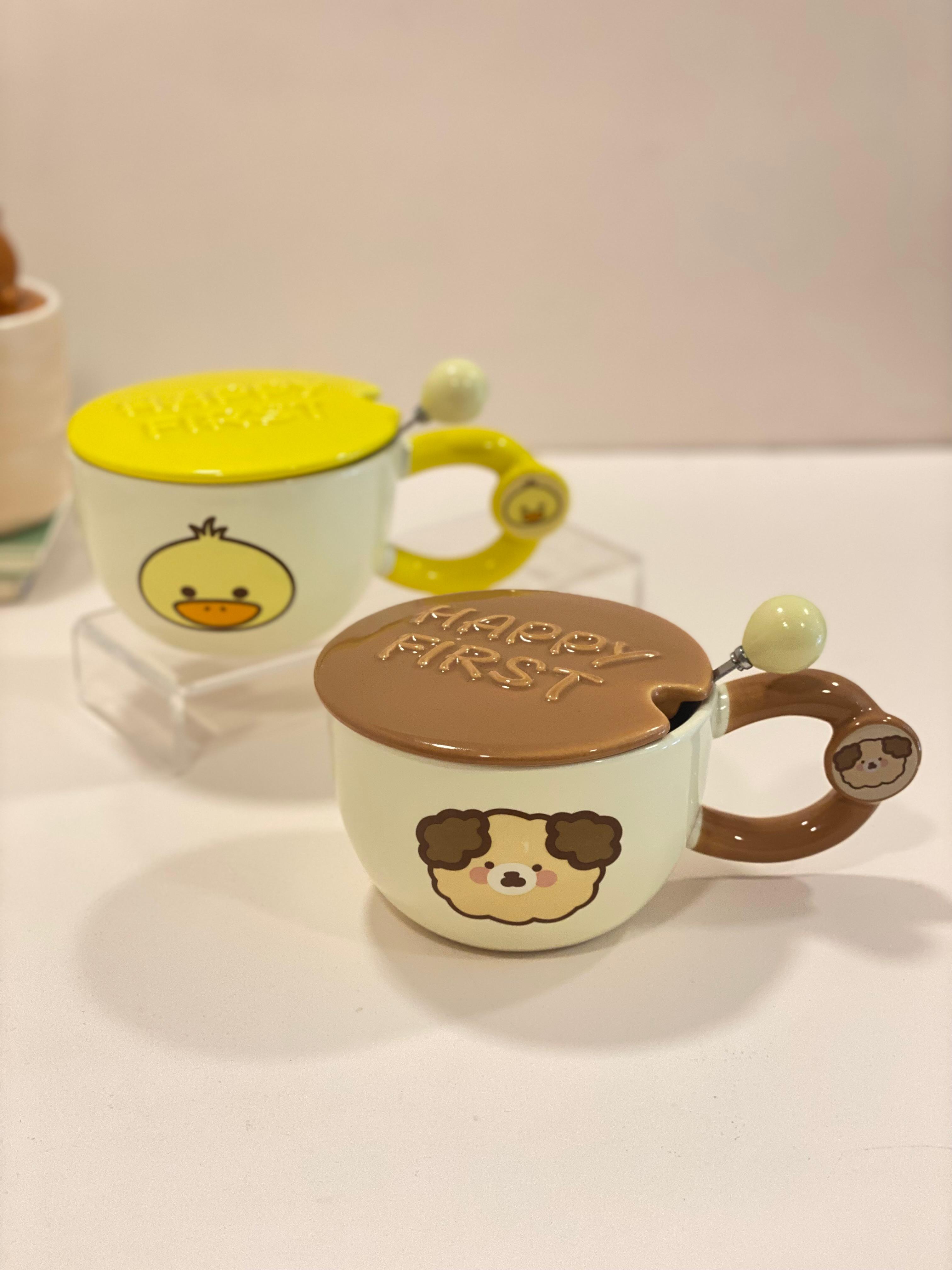 Cute Animal Ceramic Mug with Lid & Spoon – Happy First Cartoon Coffee Cup | Kawaii Bear & Duck Mug | Gift Mug with Handle