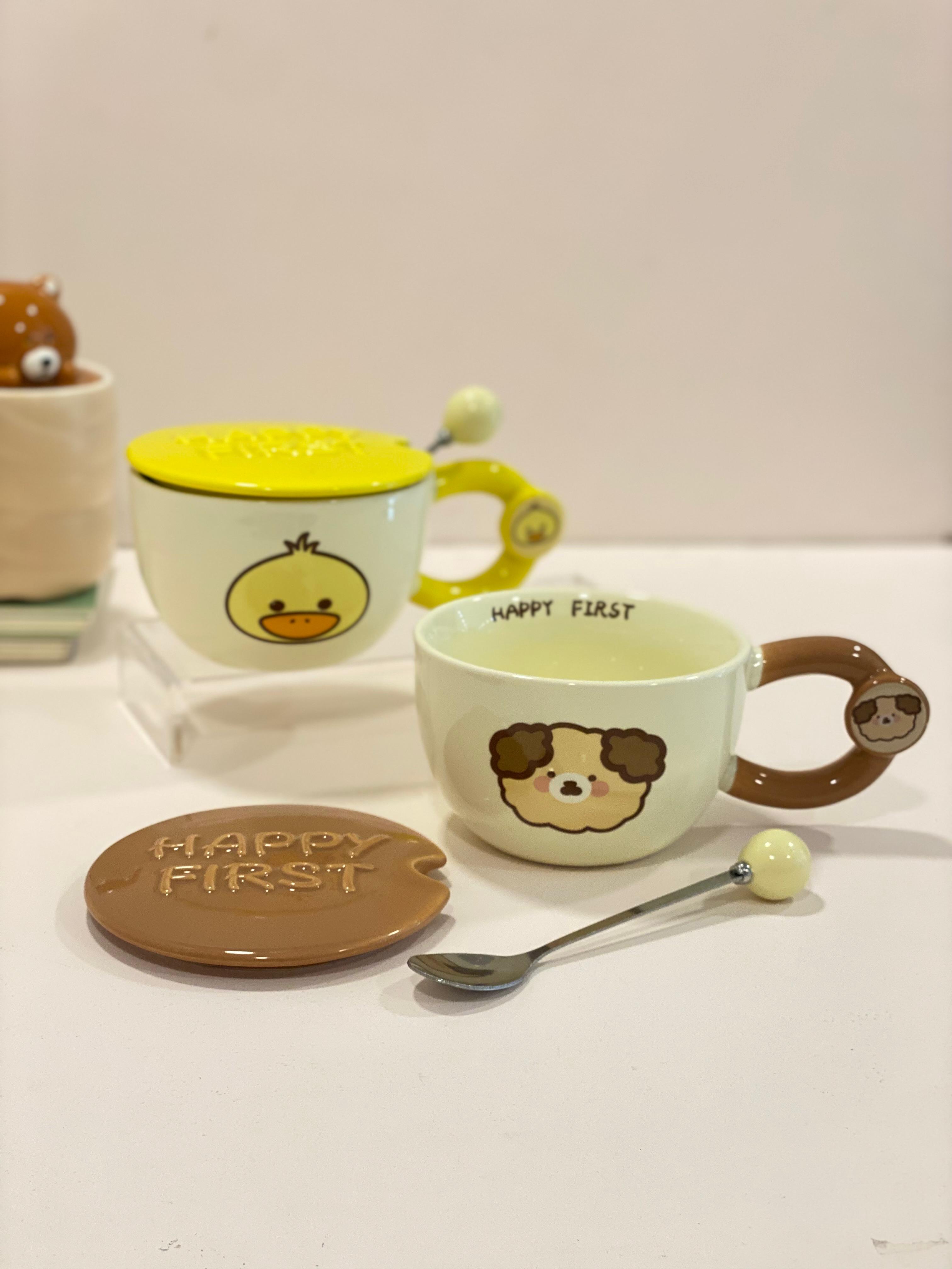 Cute Animal Ceramic Mug with Lid & Spoon – Happy First Cartoon Coffee Cup | Kawaii Bear & Duck Mug | Gift Mug with Handle