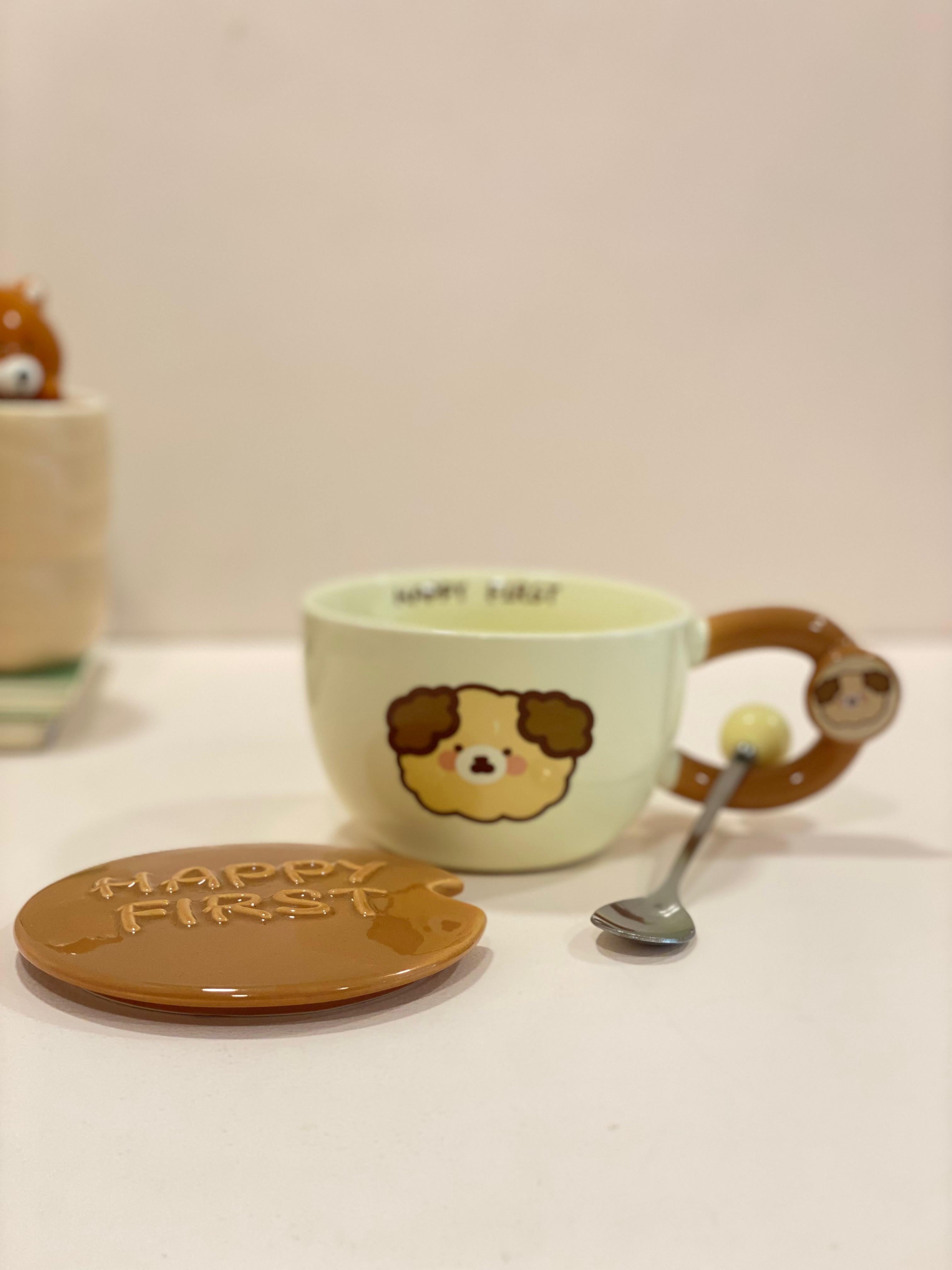 Cute Animal Ceramic Mug with Lid & Spoon – Happy First Cartoon Coffee Cup | Kawaii Bear & Duck Mug | Gift Mug with Handle