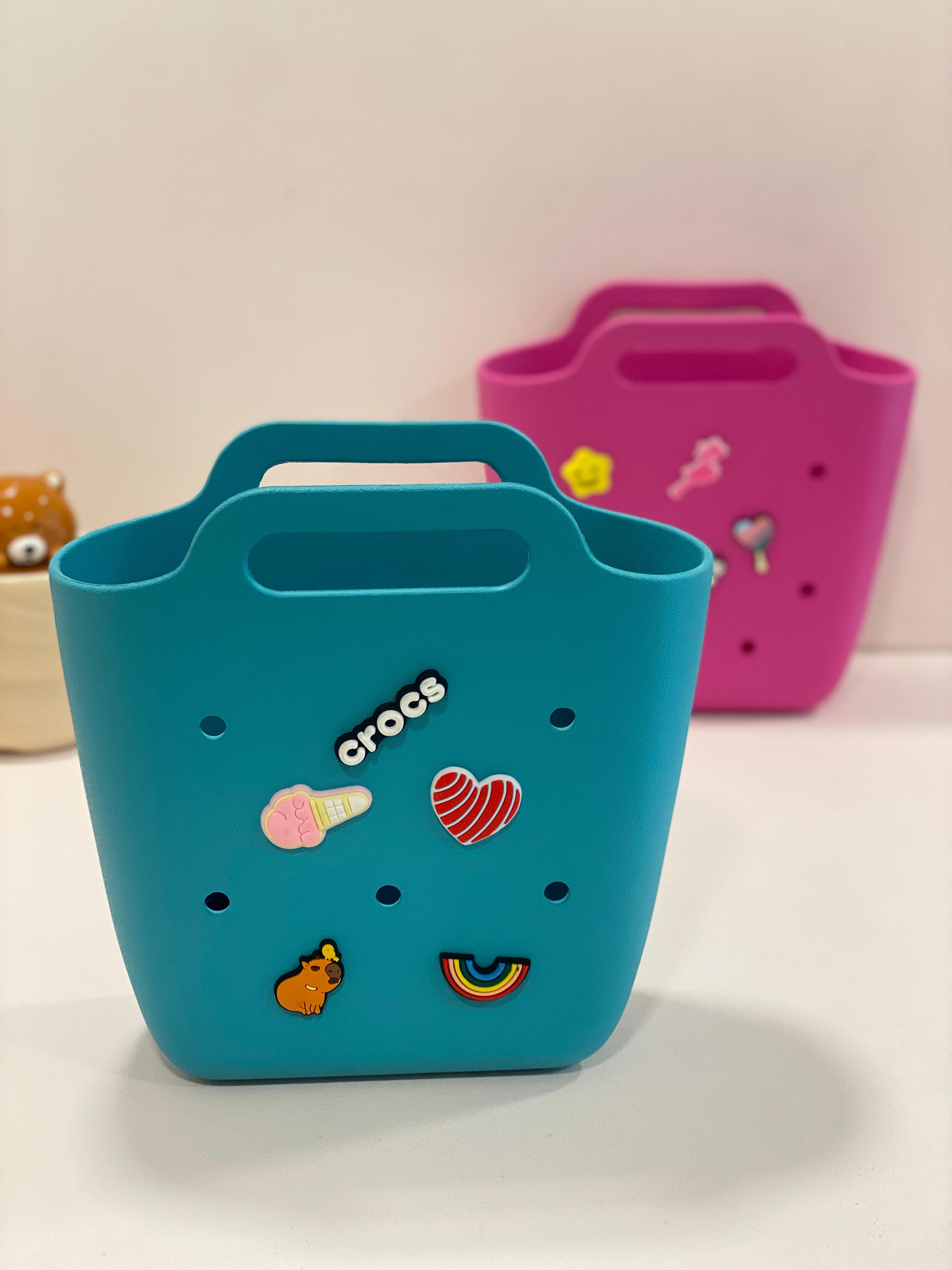 Cute Mini Silicone Tote Bag with Charms – Aesthetic Crocs Style Handbag | Kids & Girls Mini Carry Bag | Waterproof Everyday Organizer