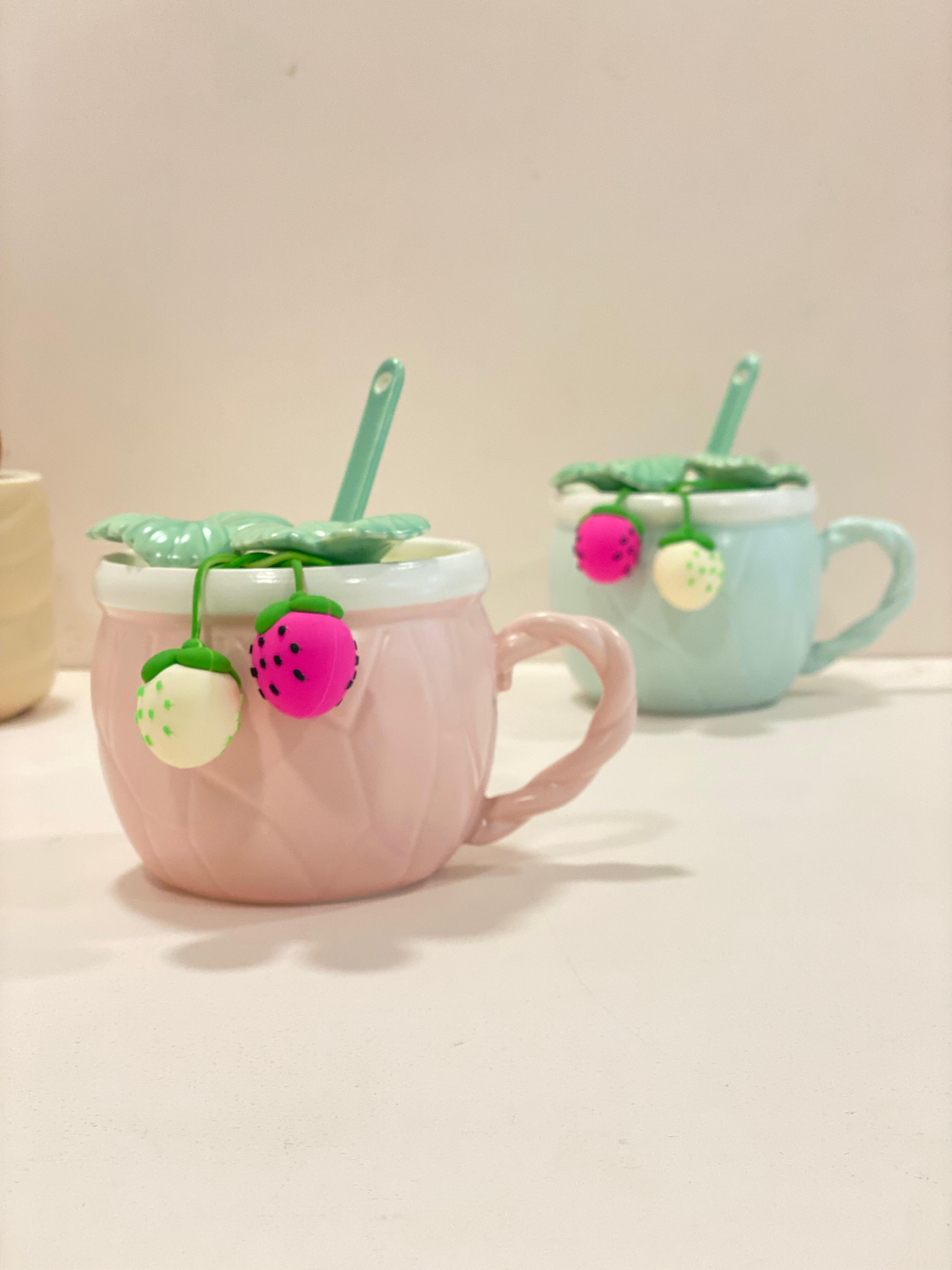 Cute Strawberry Ceramic Mug with Lid & Spoon – Aesthetic Pastel Coffee Cup with 3D Fruit Design | Kawaii Tea Mug Gift