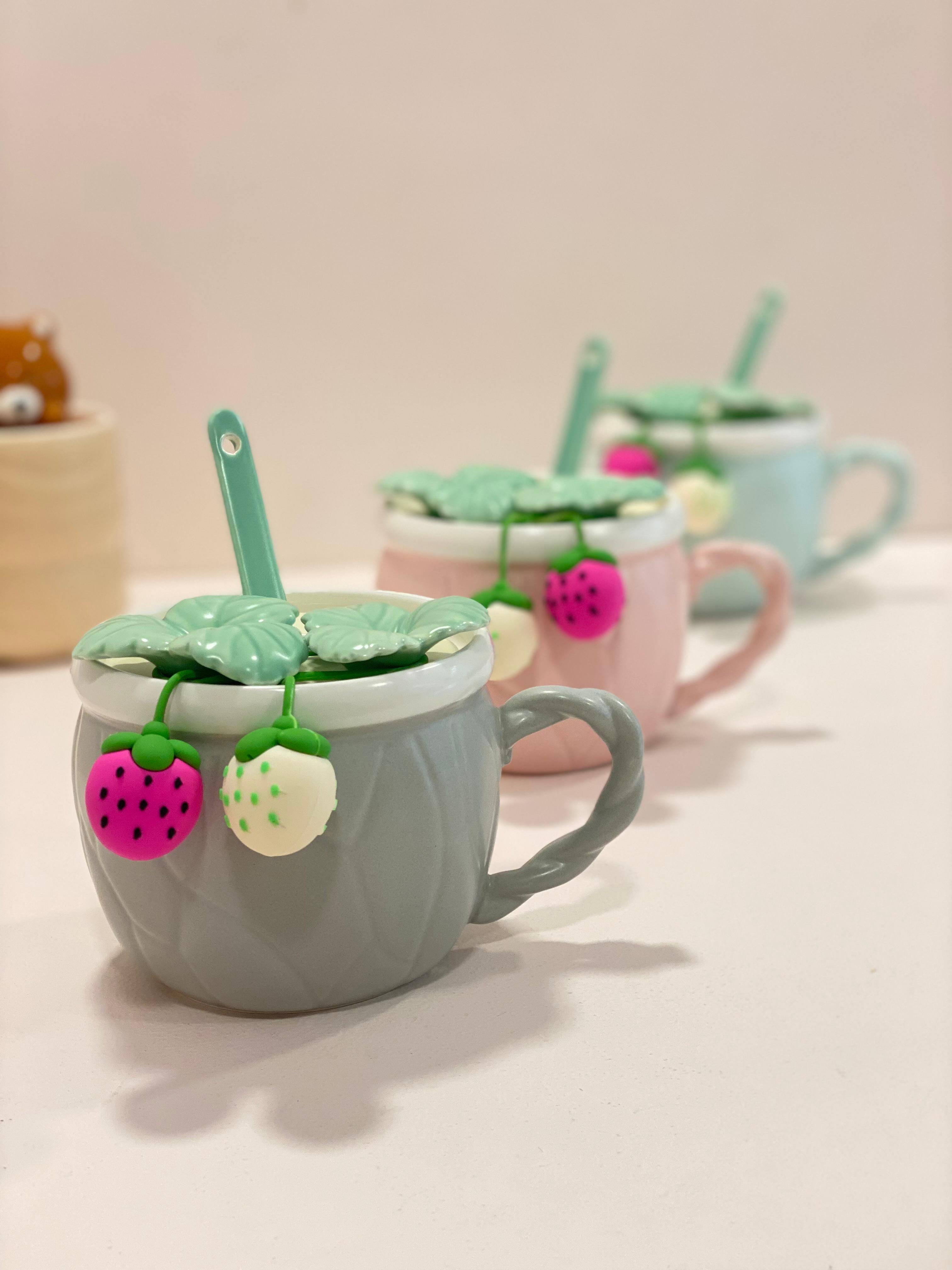 Cute Strawberry Ceramic Mug with Lid & Spoon – Aesthetic Pastel Coffee Cup with 3D Fruit Design | Kawaii Tea Mug Gift
