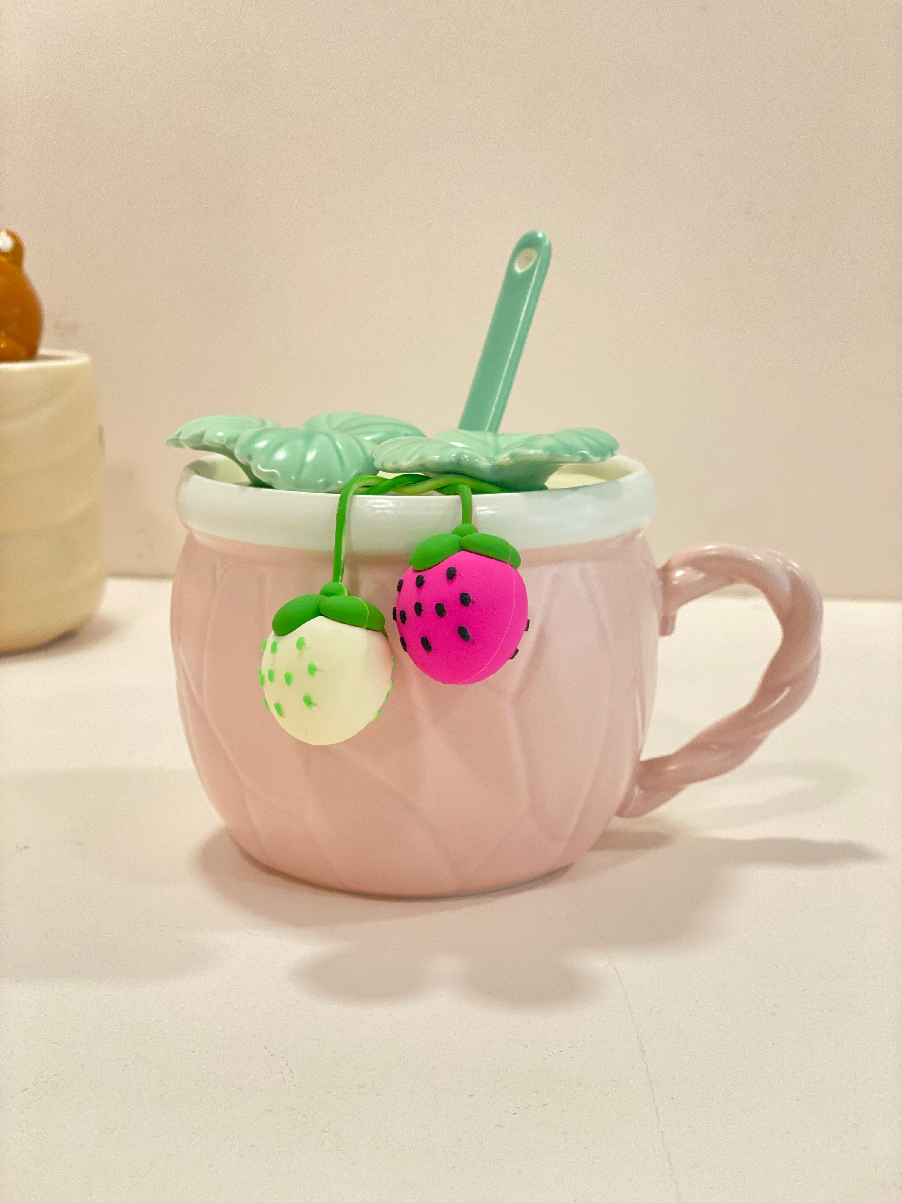 Cute Strawberry Ceramic Mug with Lid & Spoon – Aesthetic Pastel Coffee Cup with 3D Fruit Design | Kawaii Tea Mug Gift