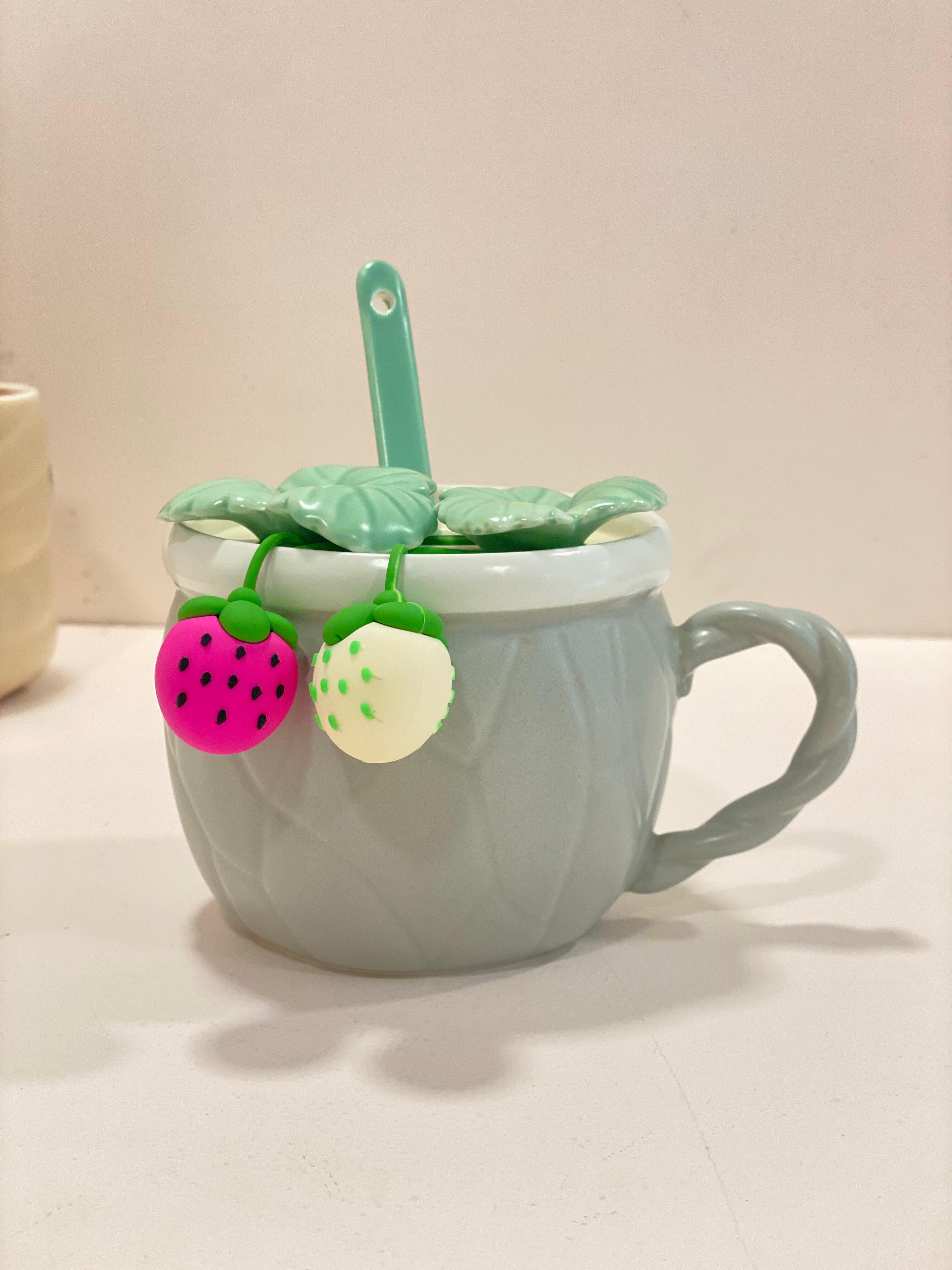 Cute Strawberry Ceramic Mug with Lid & Spoon – Aesthetic Pastel Coffee Cup with 3D Fruit Design | Kawaii Tea Mug Gift