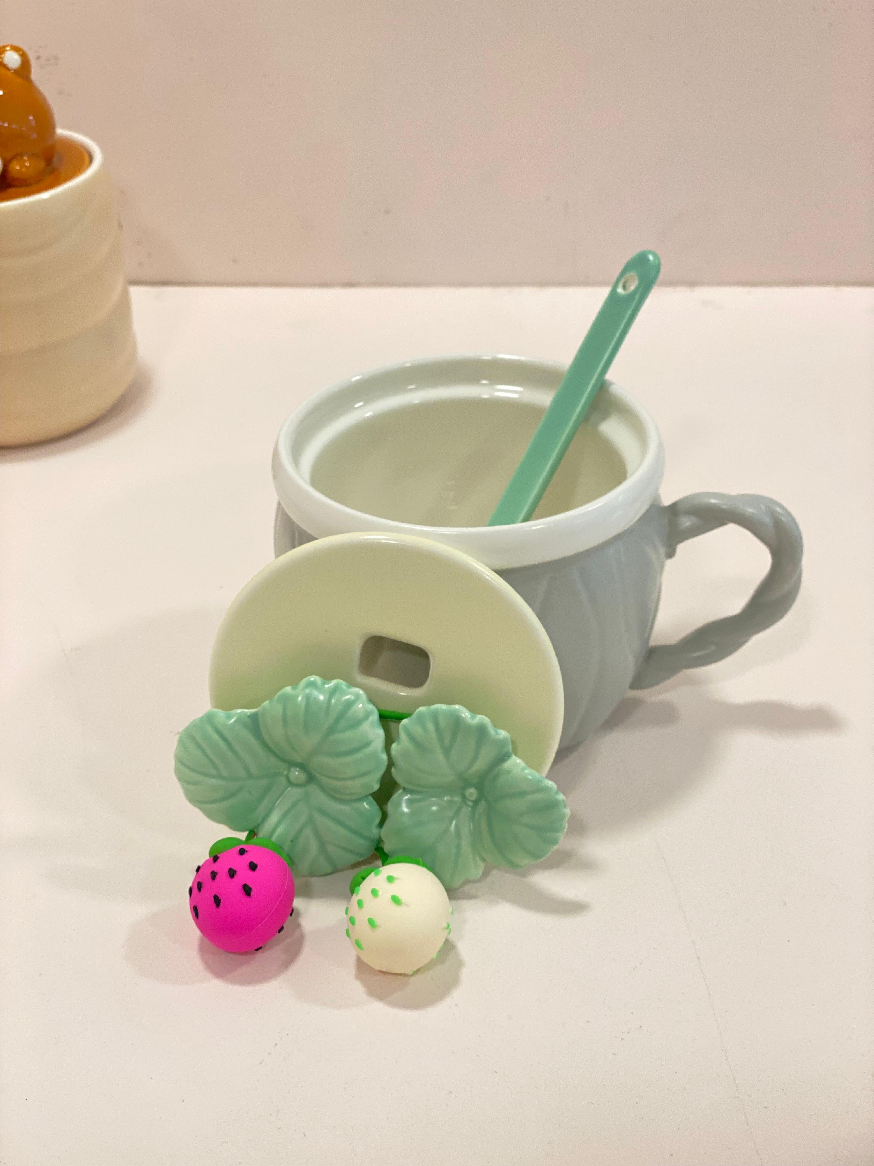Cute Strawberry Ceramic Mug with Lid & Spoon – Aesthetic Pastel Coffee Cup with 3D Fruit Design | Kawaii Tea Mug Gift