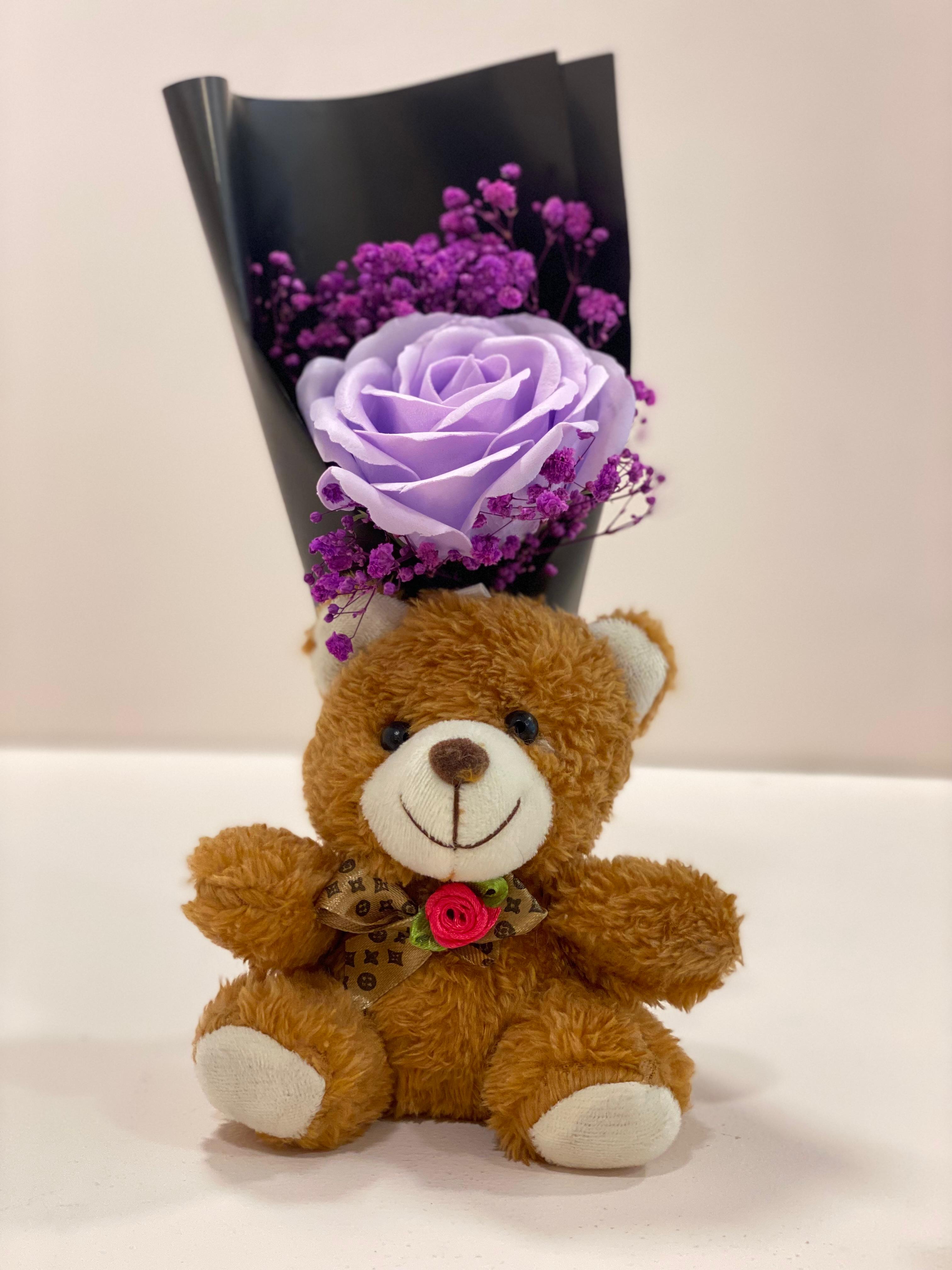 Teddy Bear Flower Bouquet Gift with Handle Display Box | Cute Plush Bear Artificial Rose Bouquet | Ready-to-Gift Romantic Keepsake